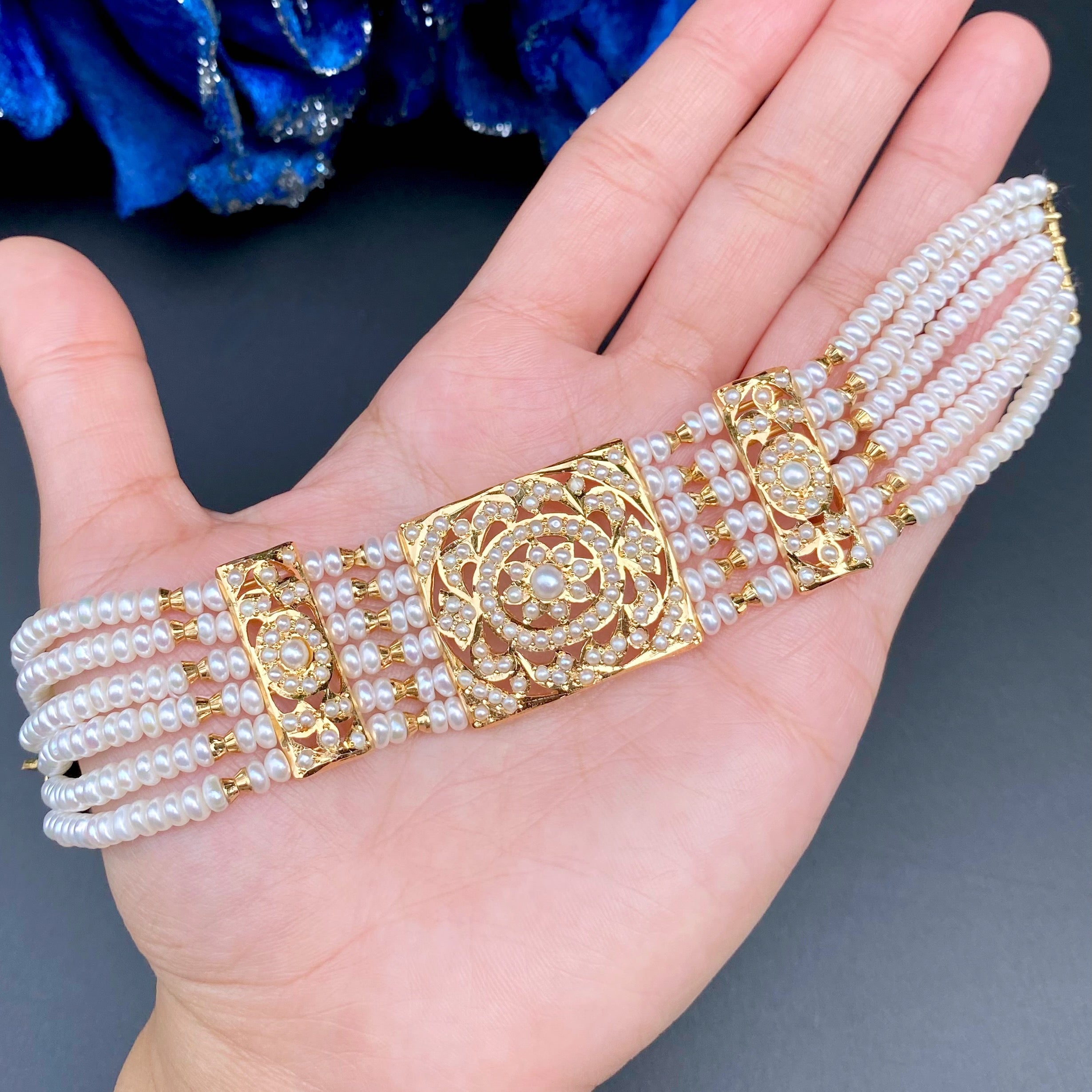 Traditional Pearl Dasti on 925 Silver with Gold Plating | Authentic Freshwater Pearls BG 136