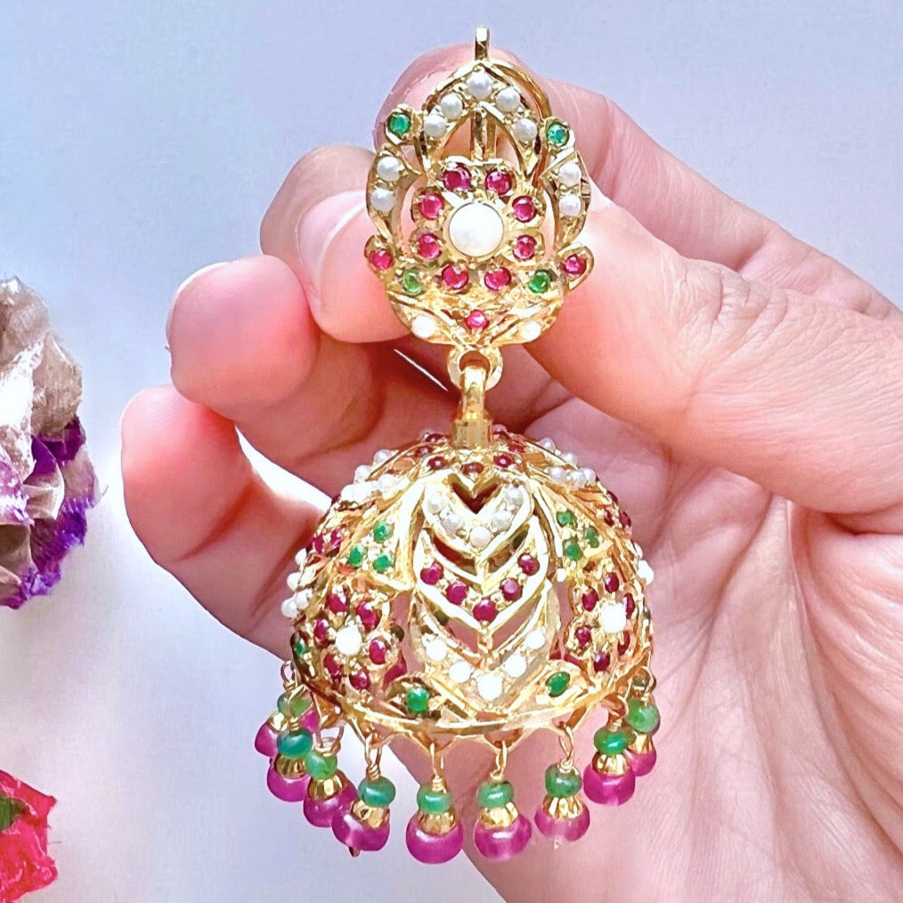 ruby emerald jhumka earrings