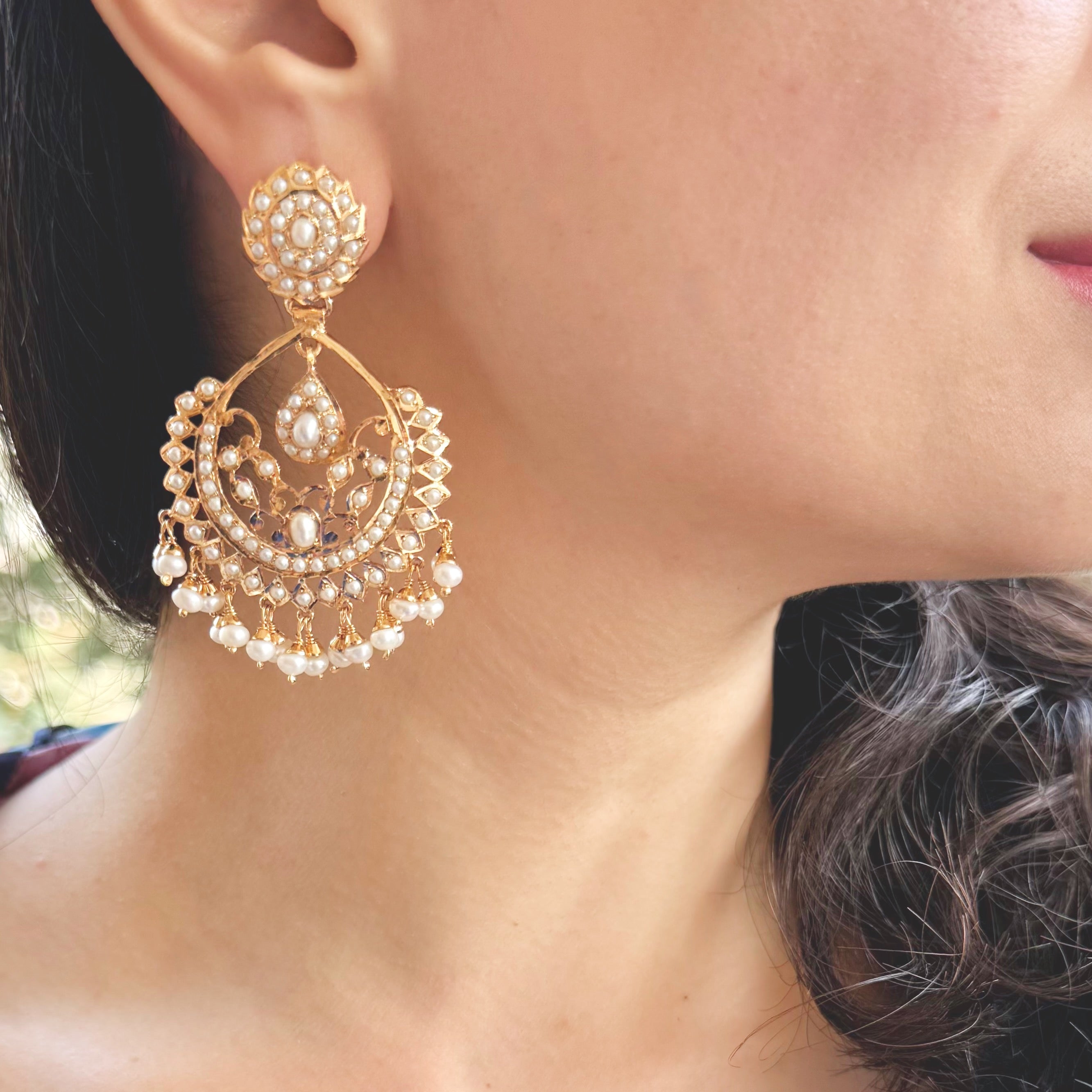 handmade gold plated pearl chandbali earrings