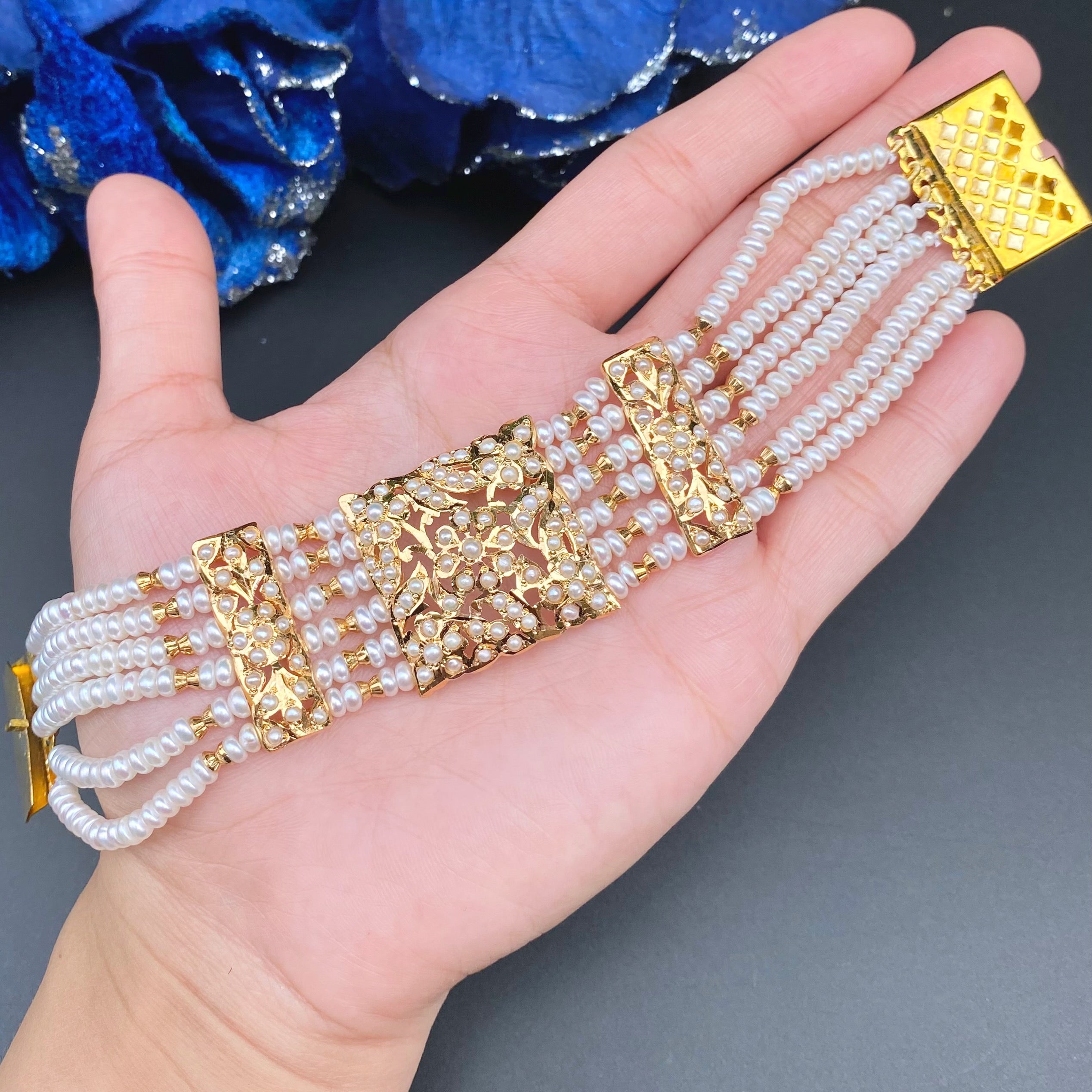 Traditional Hyderabadi Pearl Bracelet on 925 Silver with Gold Plating | Authentic Freshwater Pearls BG 138