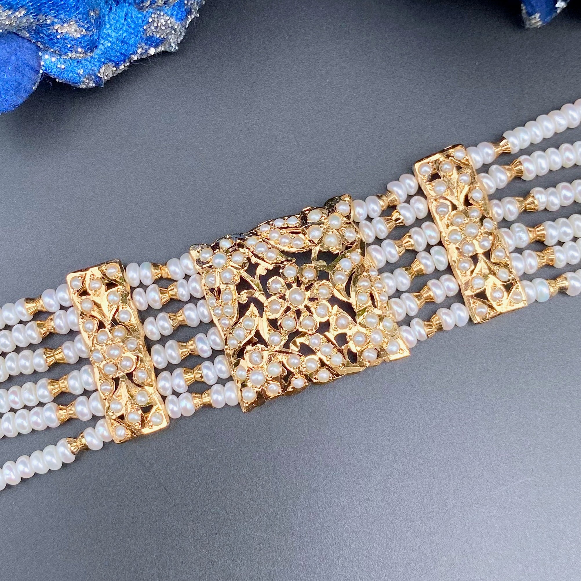 Traditional Hyderabadi Pearl Bracelet on 925 Silver with Gold Plating | Authentic Freshwater Pearls BG 138