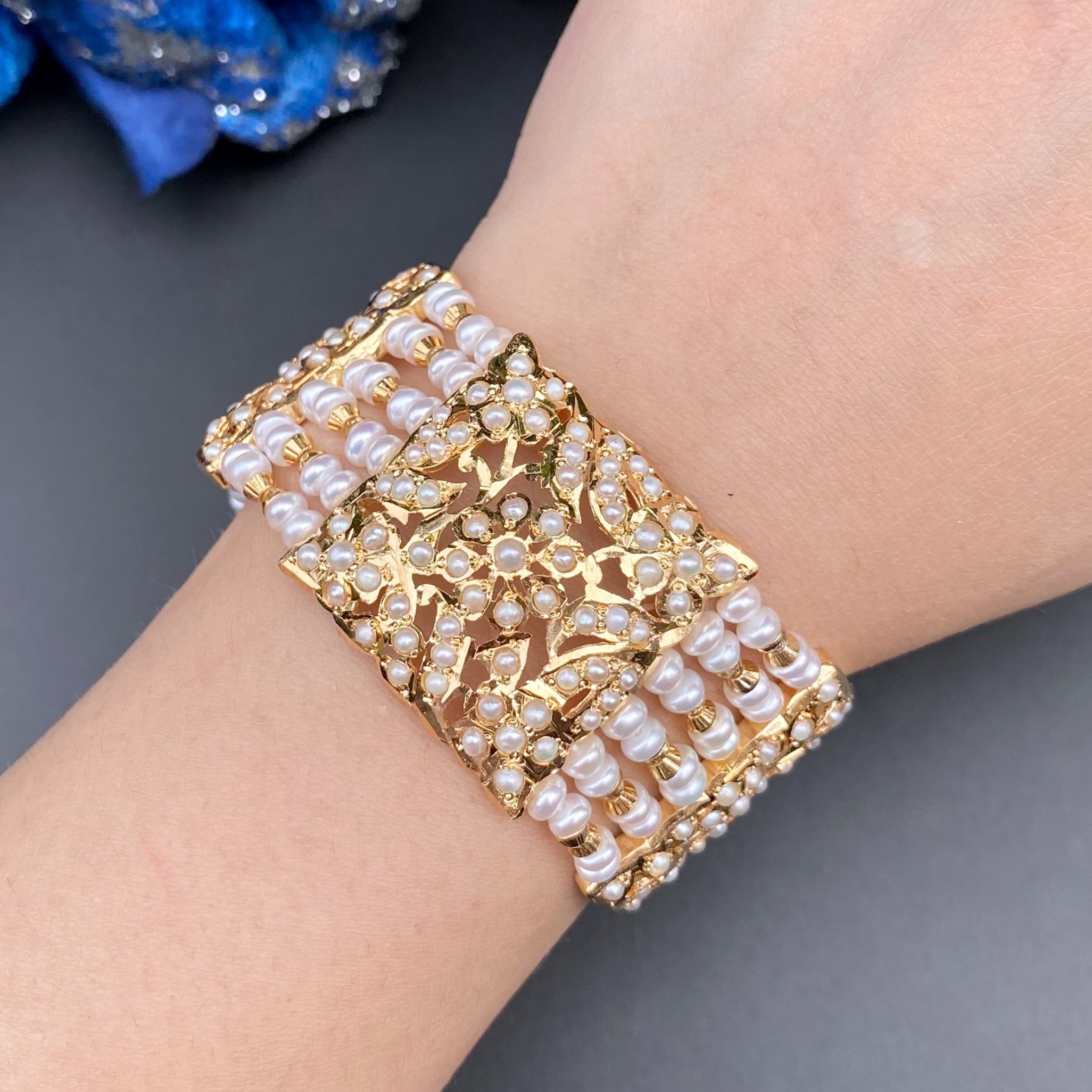 Traditional Hyderabadi Pearl Bracelet on 925 Silver with Gold Plating | Authentic Freshwater Pearls BG 138