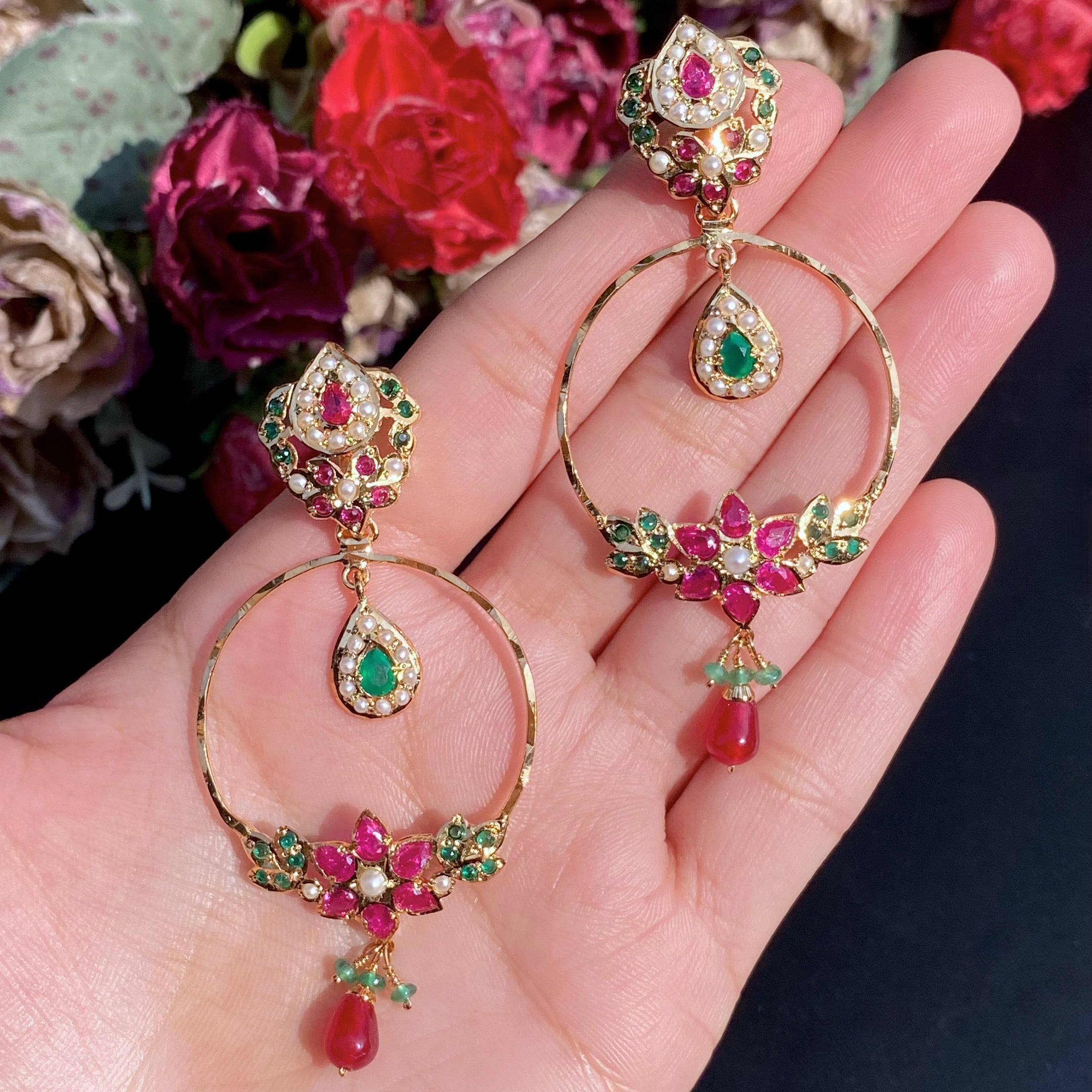 simple lightweight chandbali earrings with ruby emerald pearls