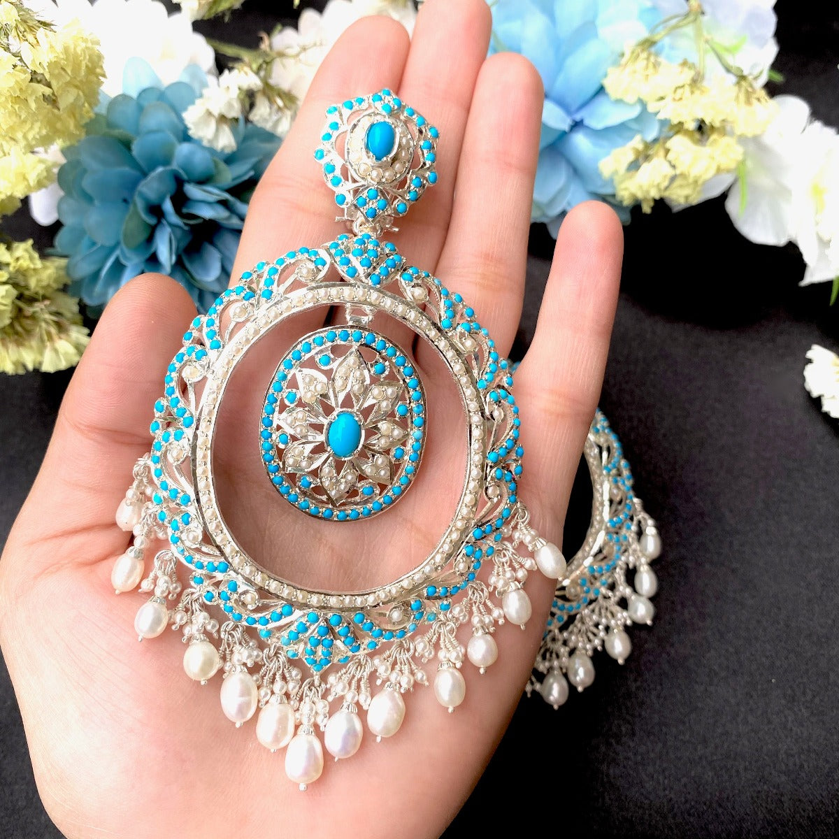 pearl turquoise chandbali silver