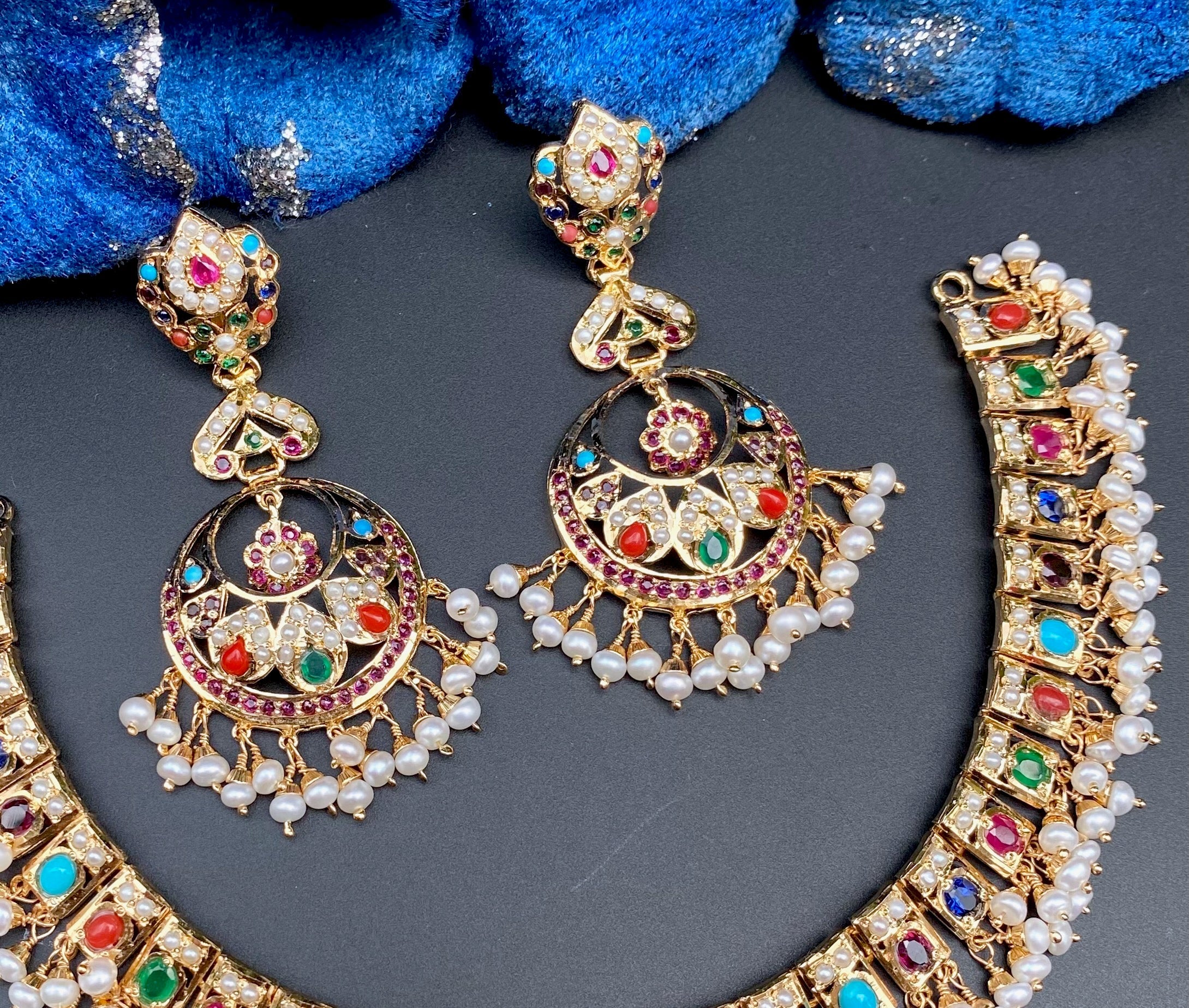 Classic Navratna Necklace with Long Chandbali Earrings | Gold Plated on Silver NS 422