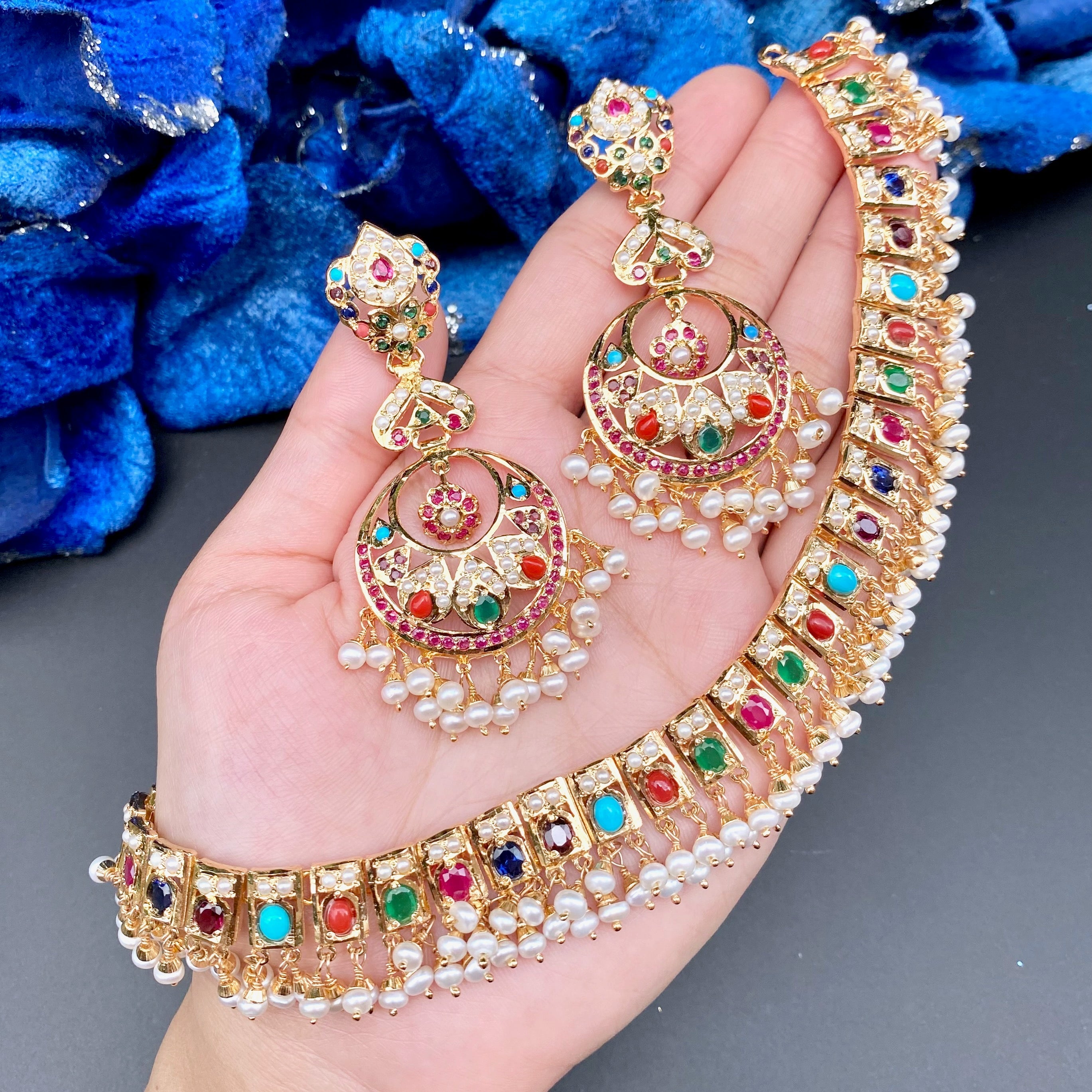 Classic Navratna Necklace with Long Chandbali Earrings | Gold Plated on Silver NS 422
