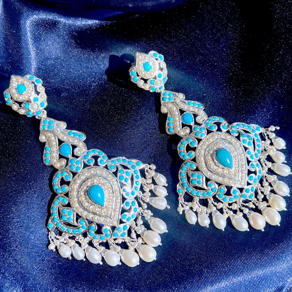 boho chic seed pearl with turquoise earrings in pure silver