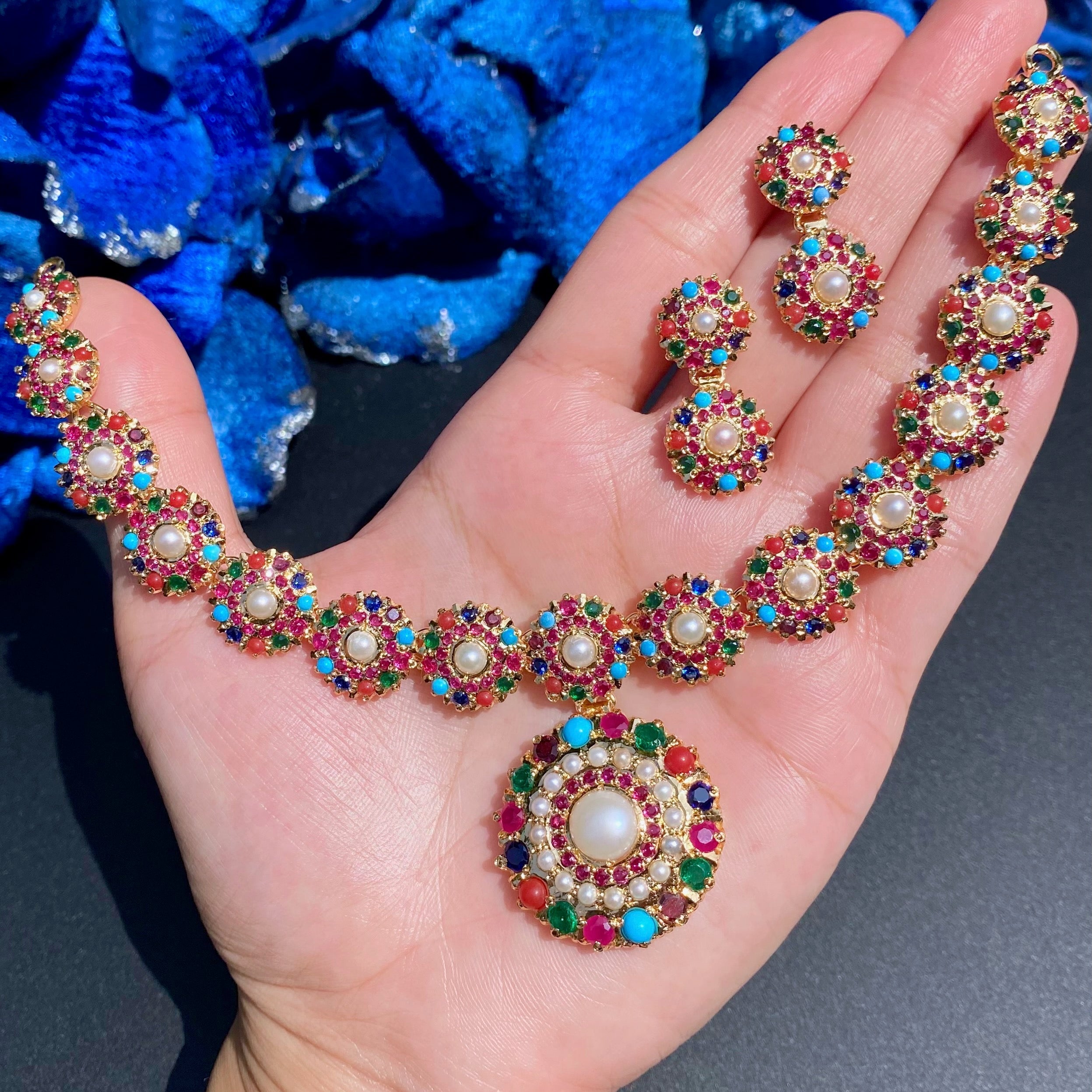 Sophisticated Navratna Necklace Set | 925 Sterling Silver with Gold Plating | NS 418