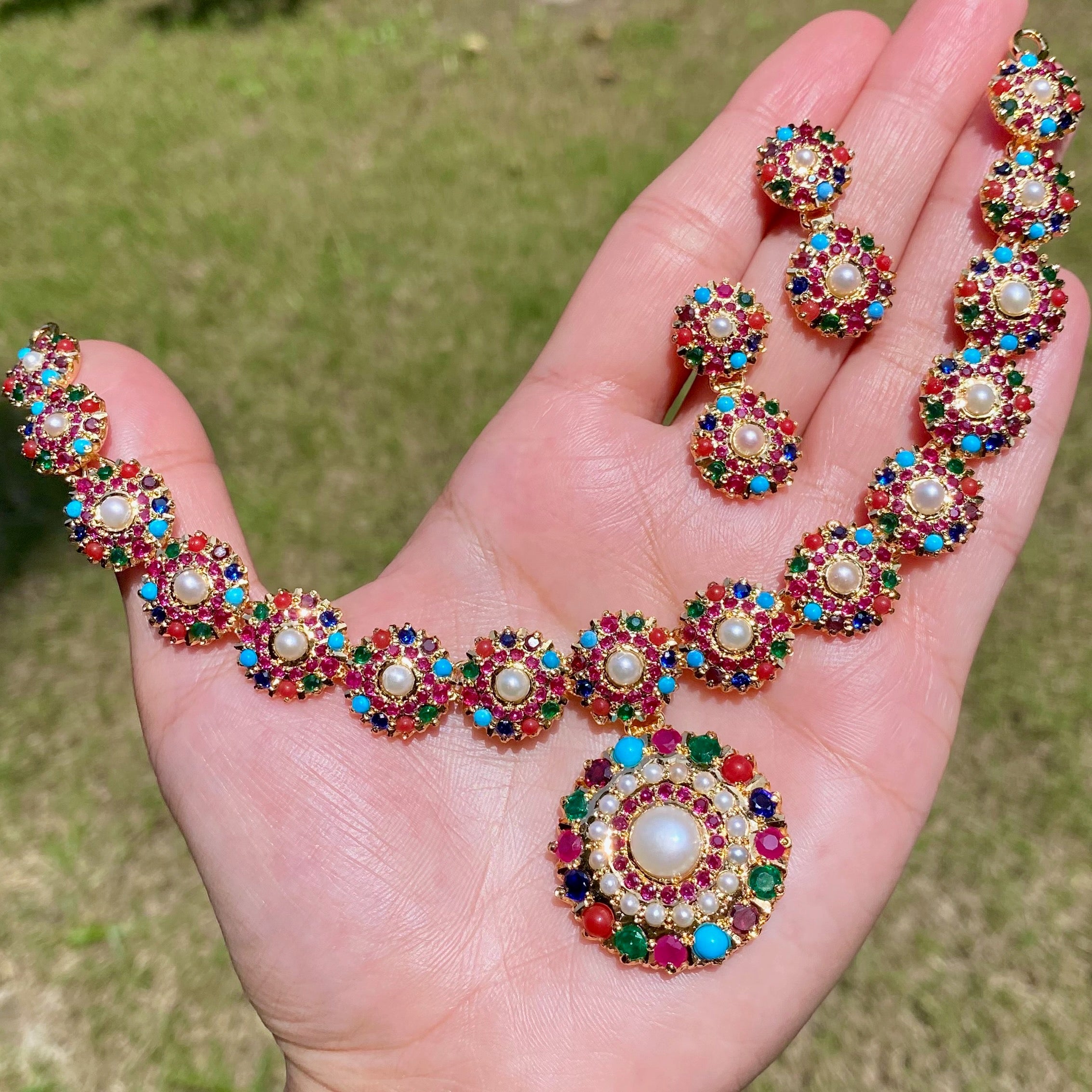 Sophisticated Navratna Necklace Set | 925 Sterling Silver with Gold Plating | NS 418