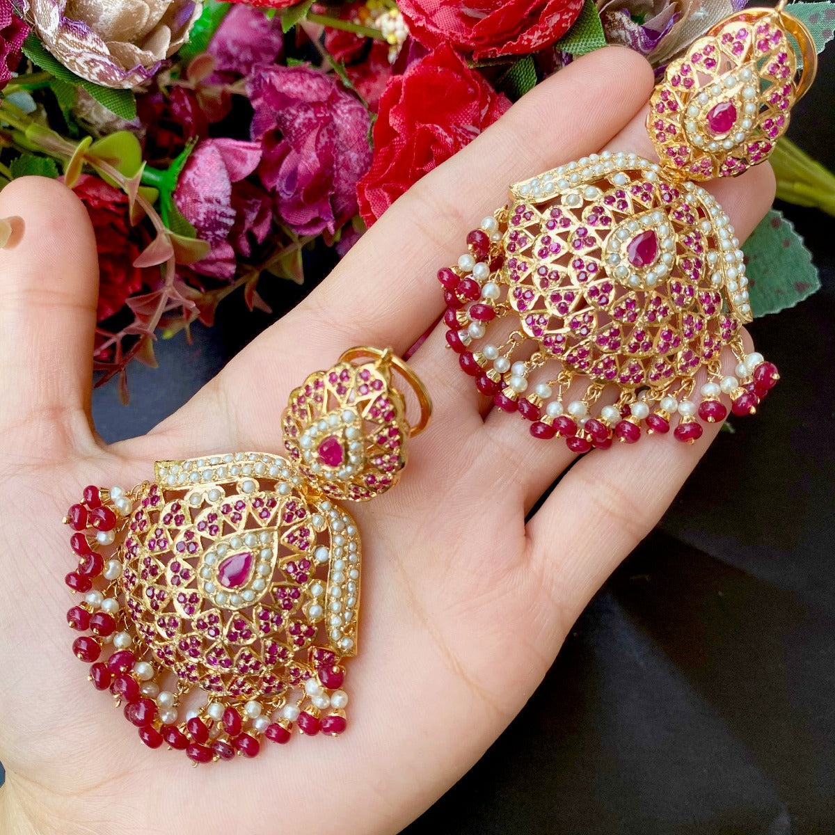 indian ruby and pearl earrings