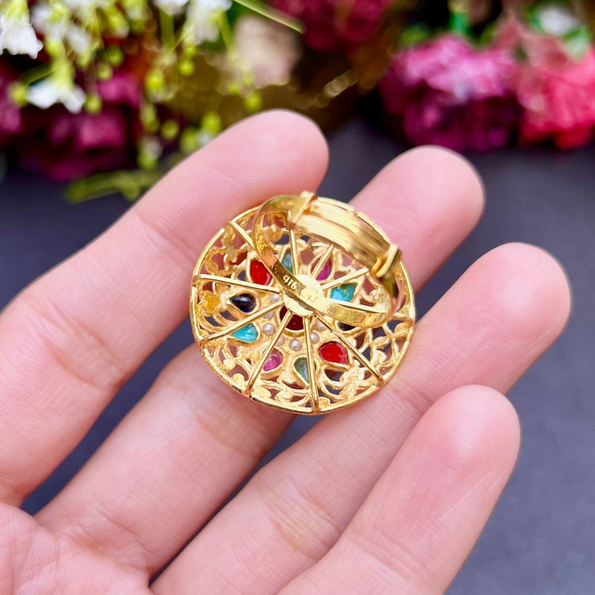 gold navratana cocktail ring
