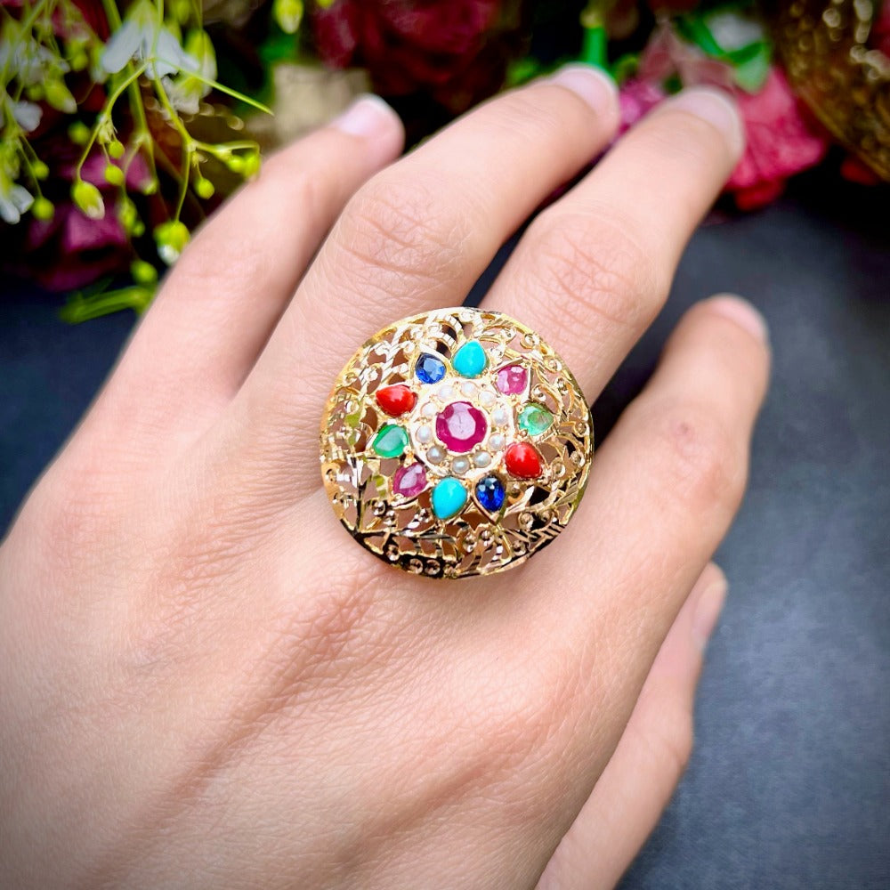 gold navratana cocktail ring