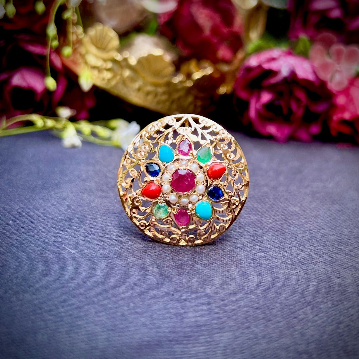 gold navratana cocktail ring