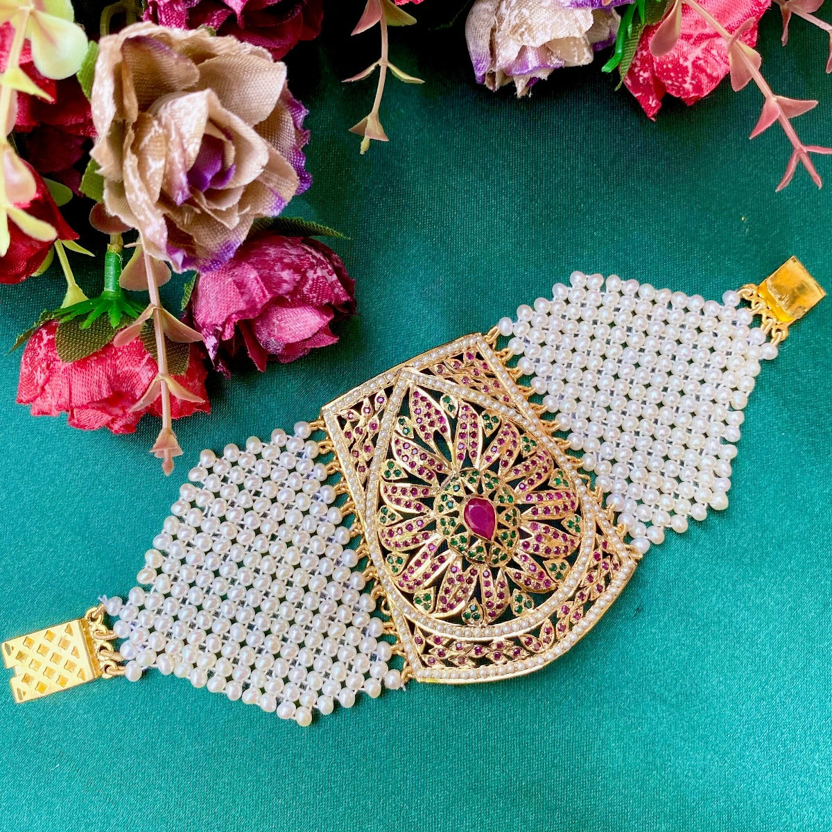 Indian jadau bracelet made in gold plated sterling silver