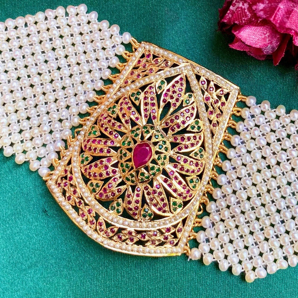 Indian punjabi pearl bracelet studded with ruby emerald stones in gold finished silver
