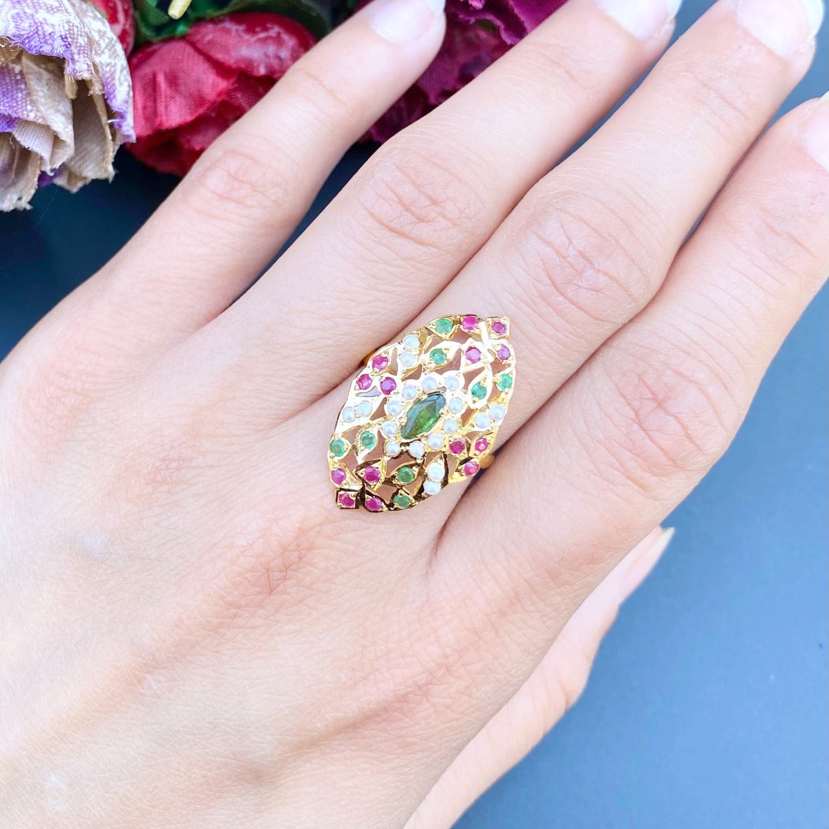 womens indian ring gold ruby emerald pearl
