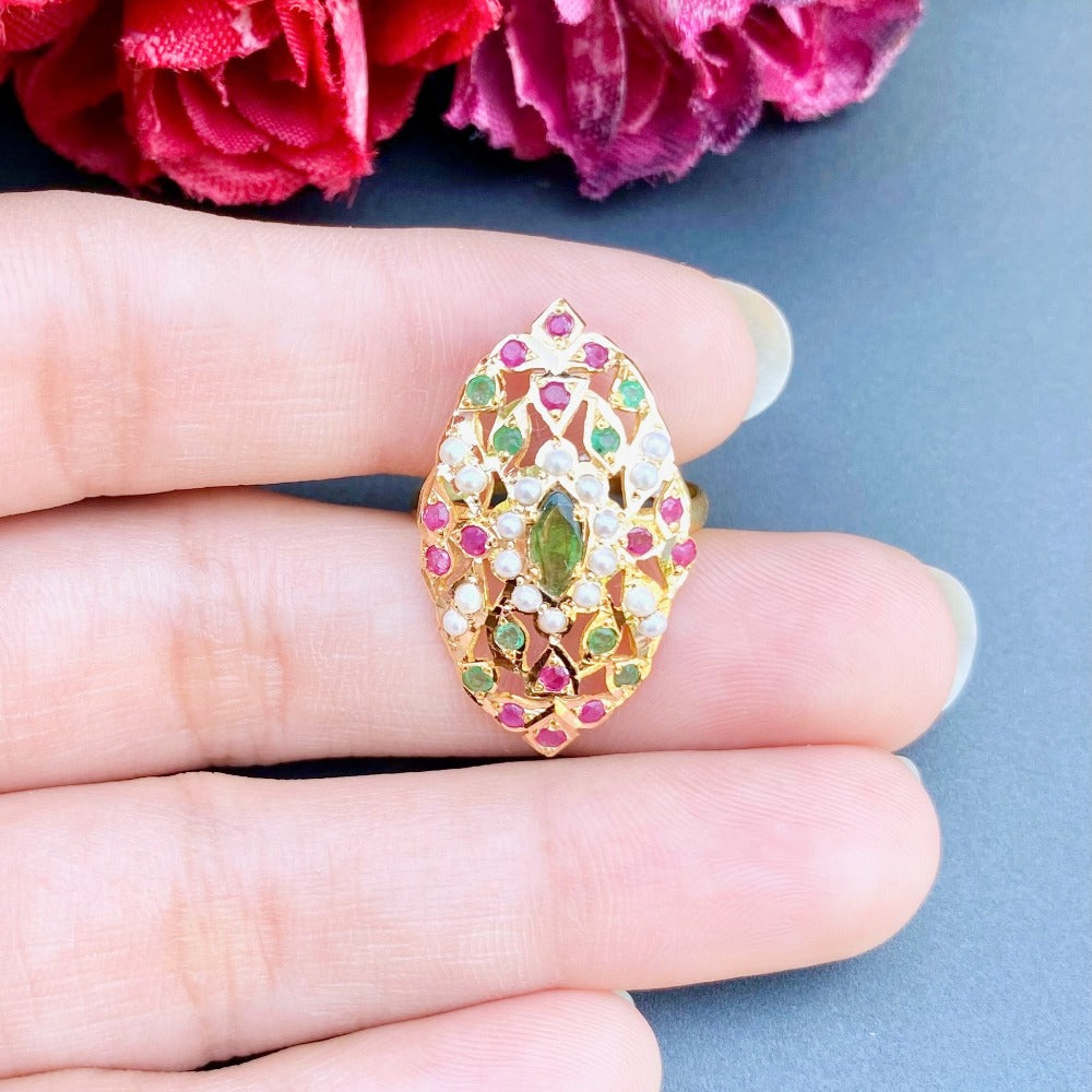 womens indian ring gold ruby emerald pearl