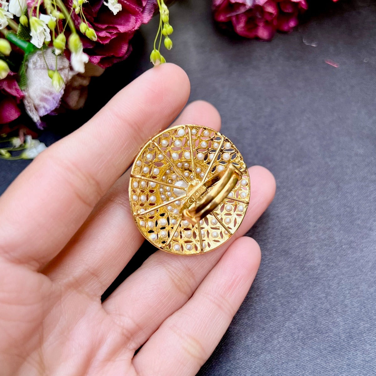 pearl jadau cocktail ring gold