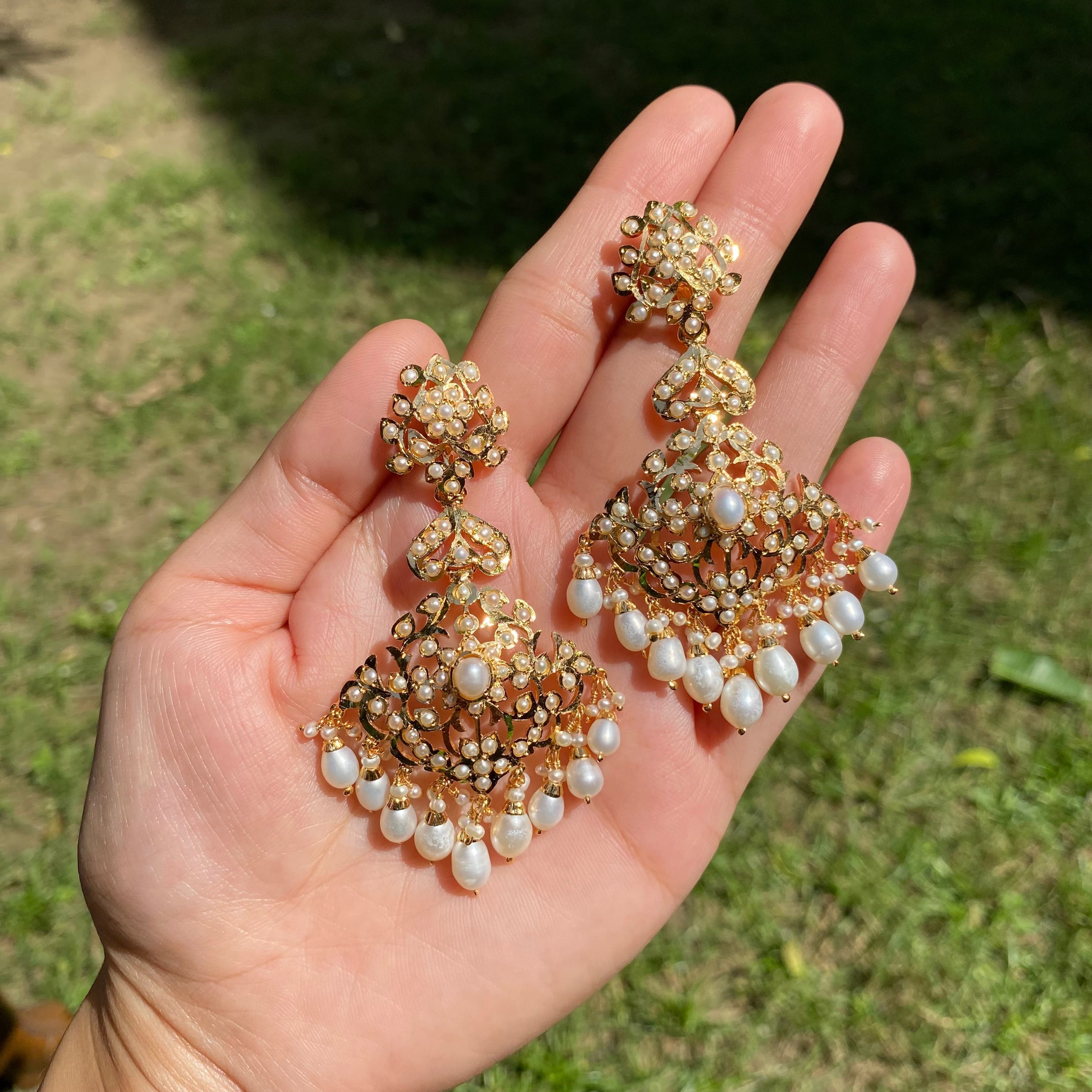 Intricate Silver Earrings studded with Freshwater Pearls | Gold Plated Indian Jewelry ER 612