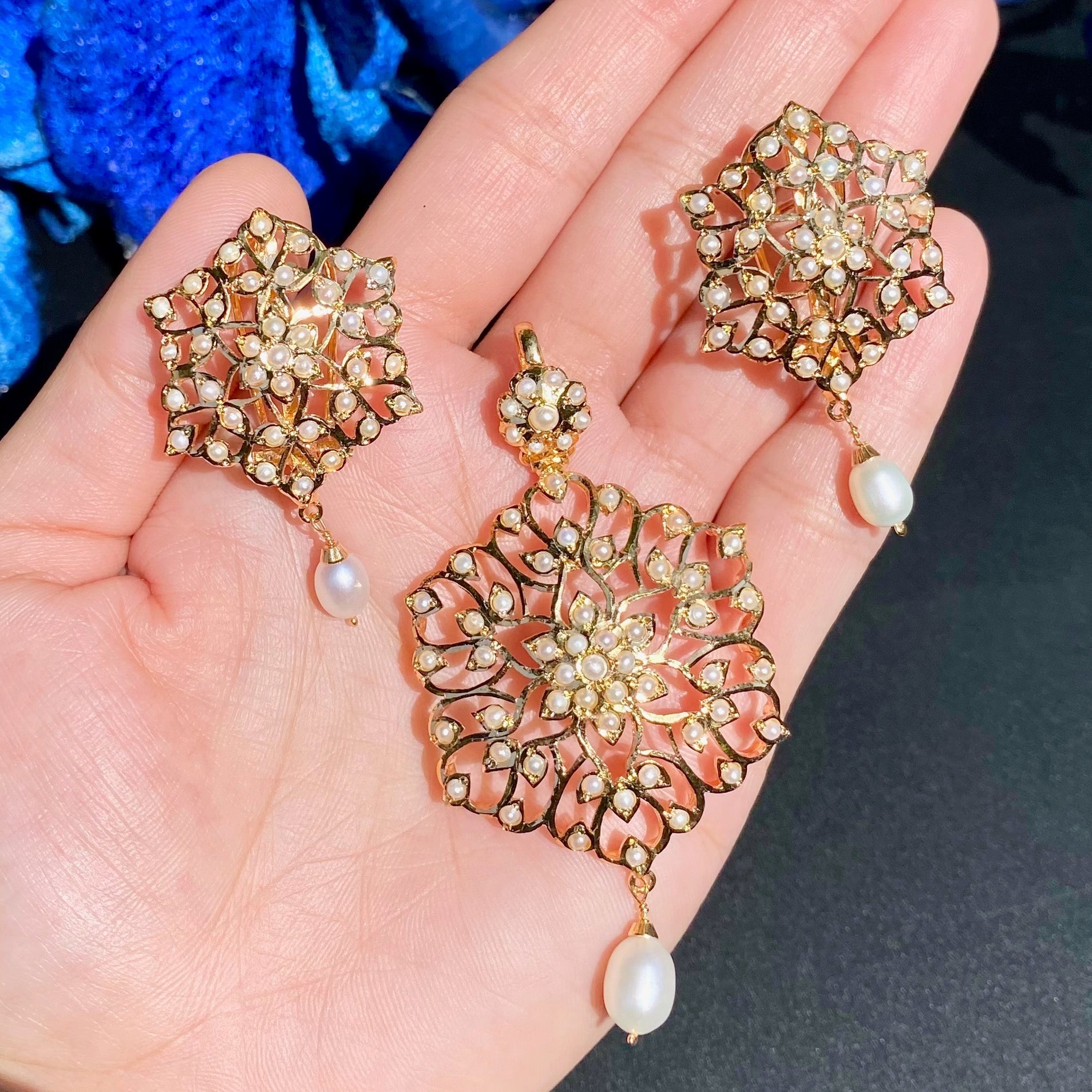 Exclusive Pearl Locket & Earrings Set | Gold Plated on Silver PS 129A