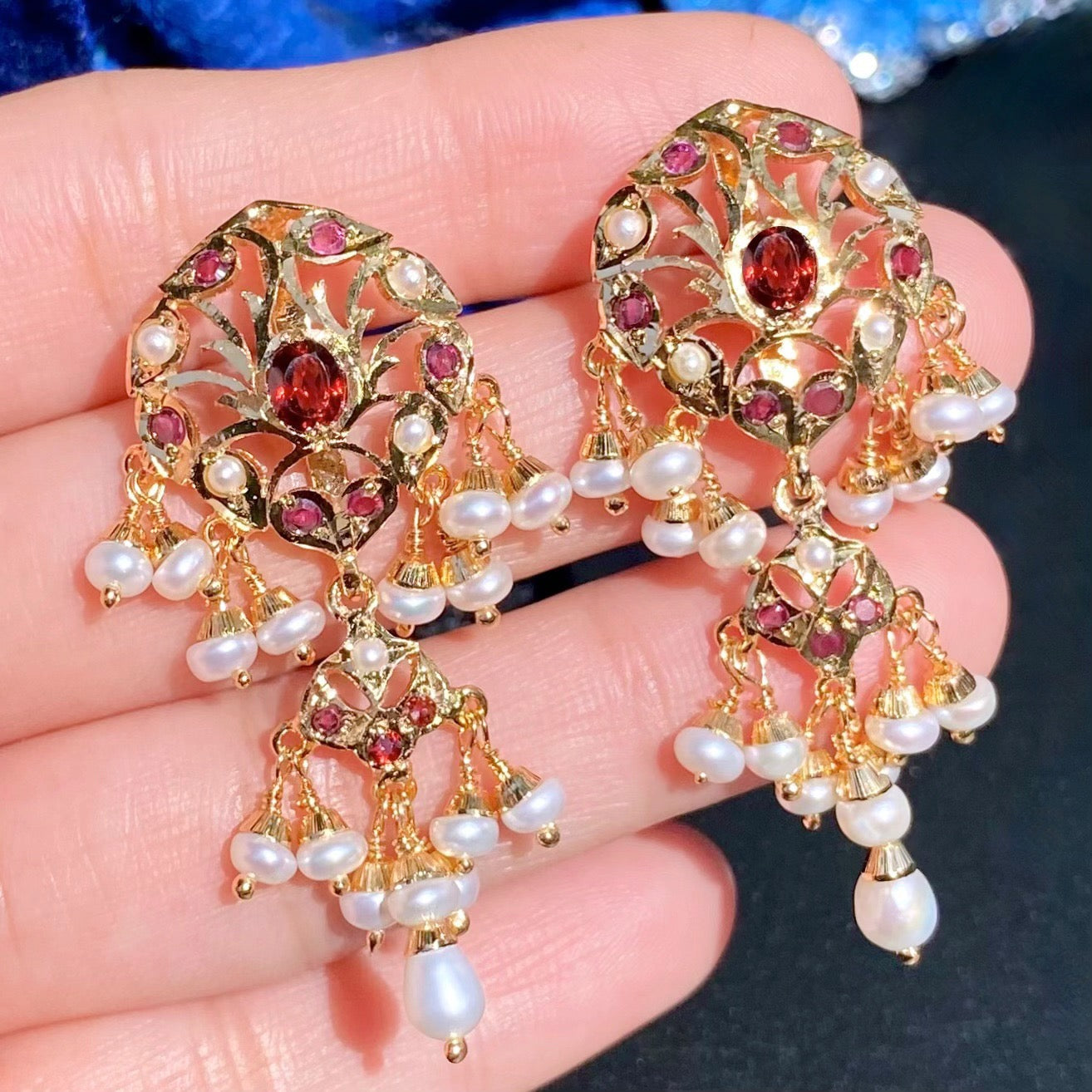 Garnet and Pearl Earrings For Women | Gold Plated on 925 Silver ER 620