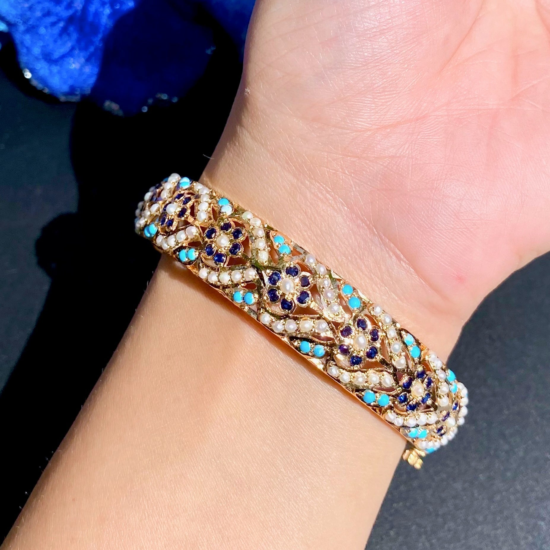 Intricately Crafted Floral Jadau Bangle with Blue Stones | Gold Plated on Silver BG 132