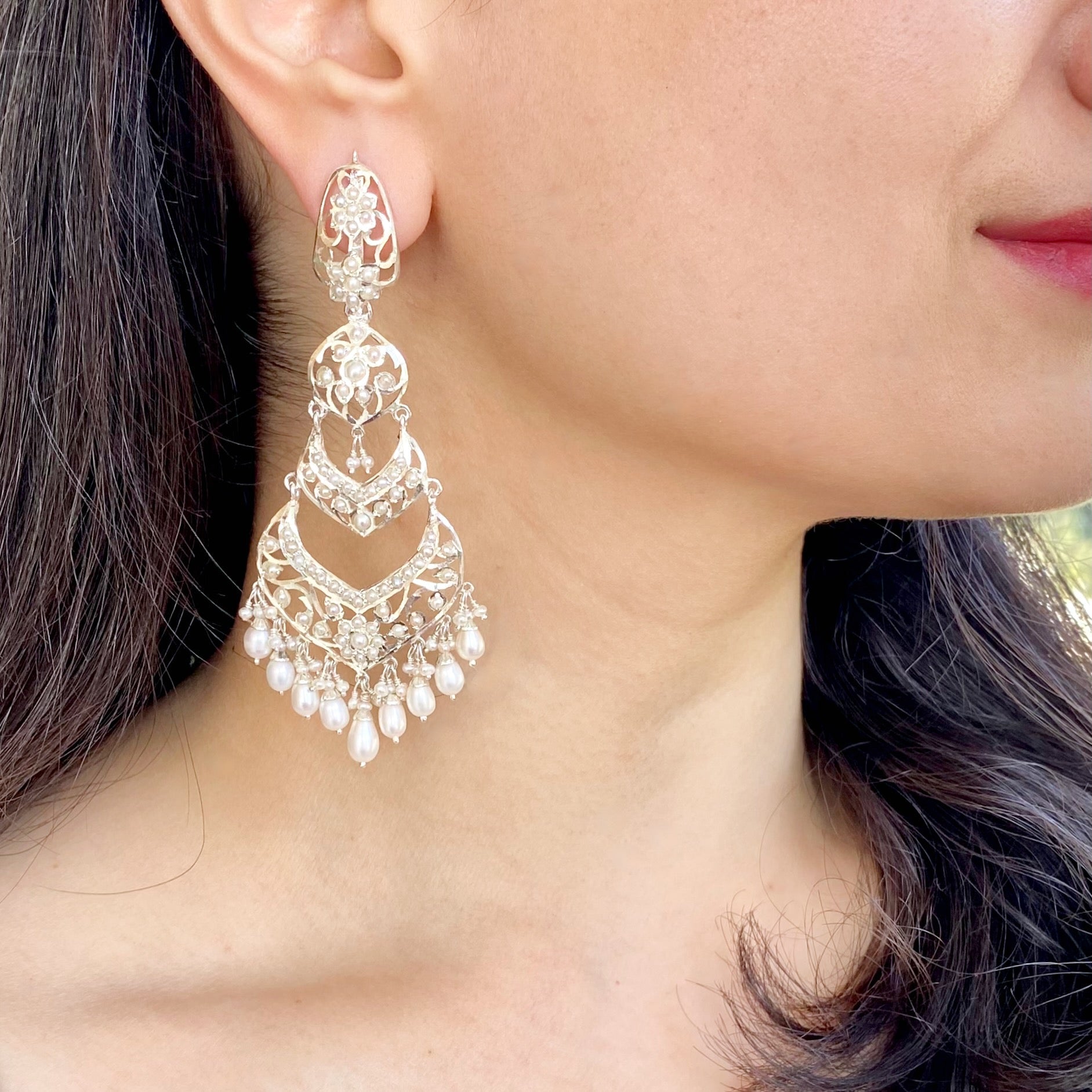 bohemian pearl chandelier earrings silver