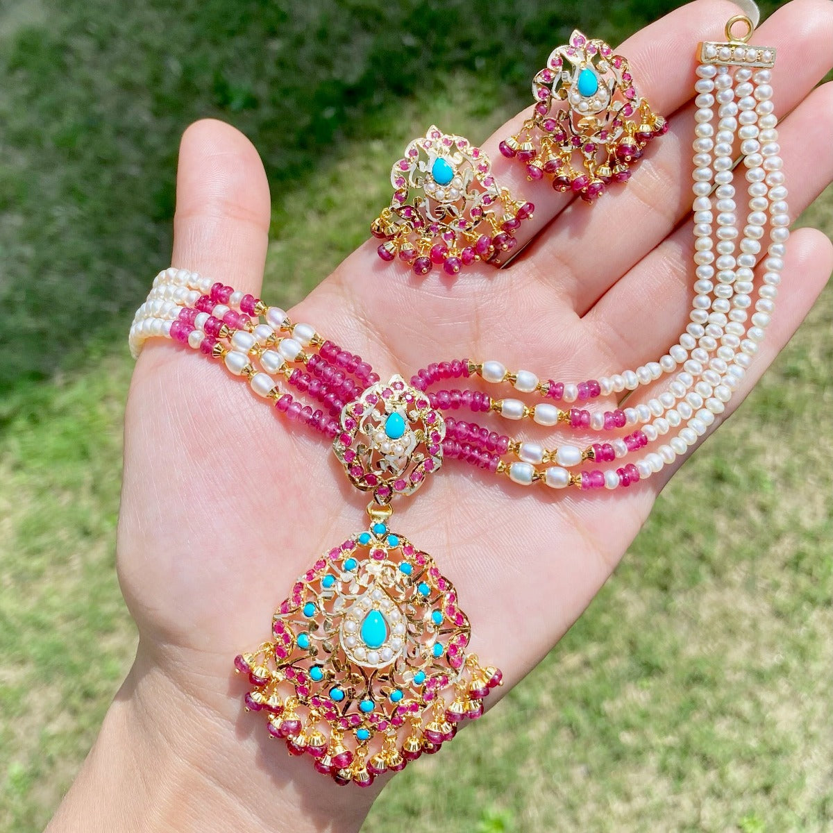 ruby turquoise pearl necklace set gold