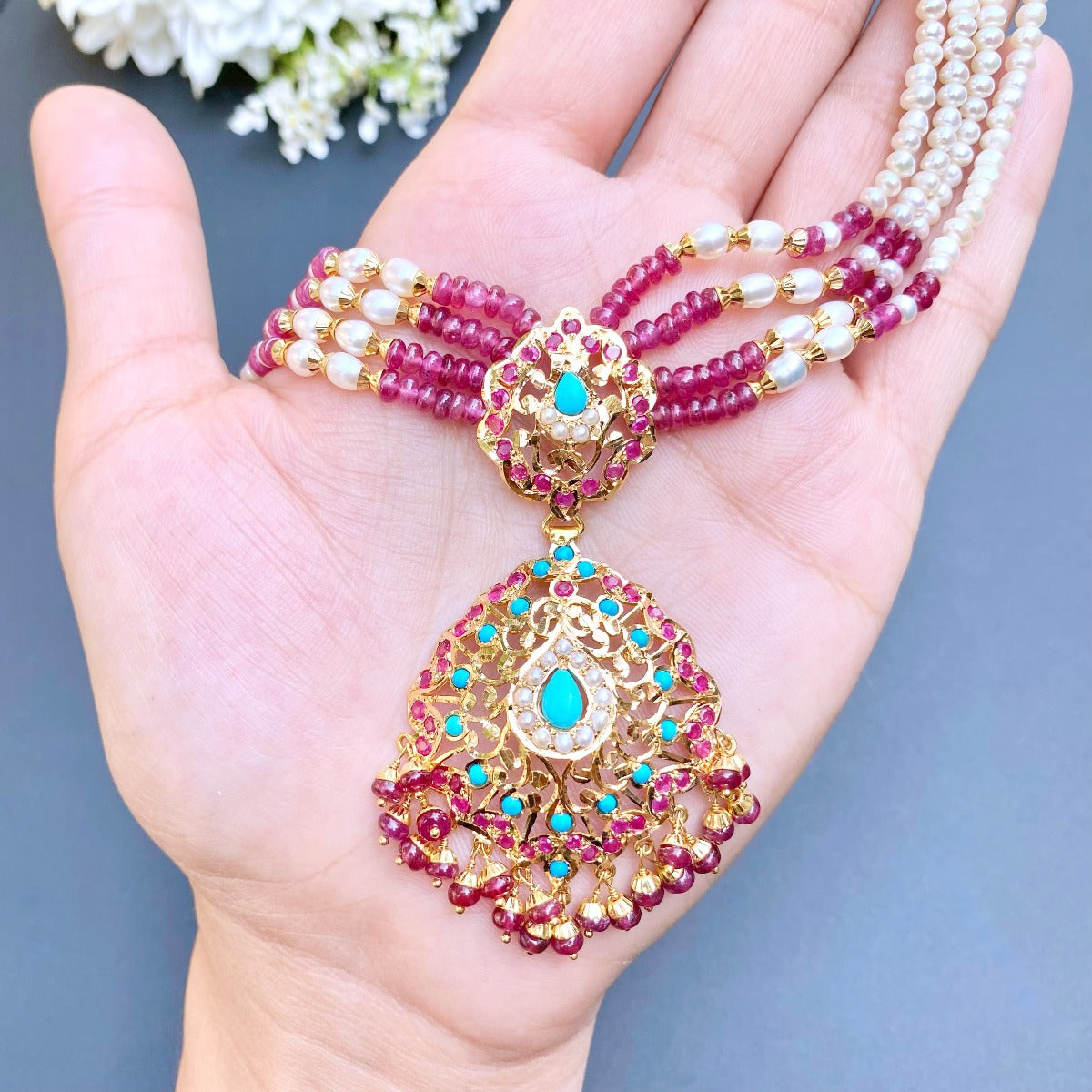ruby turquoise pearl necklace set gold