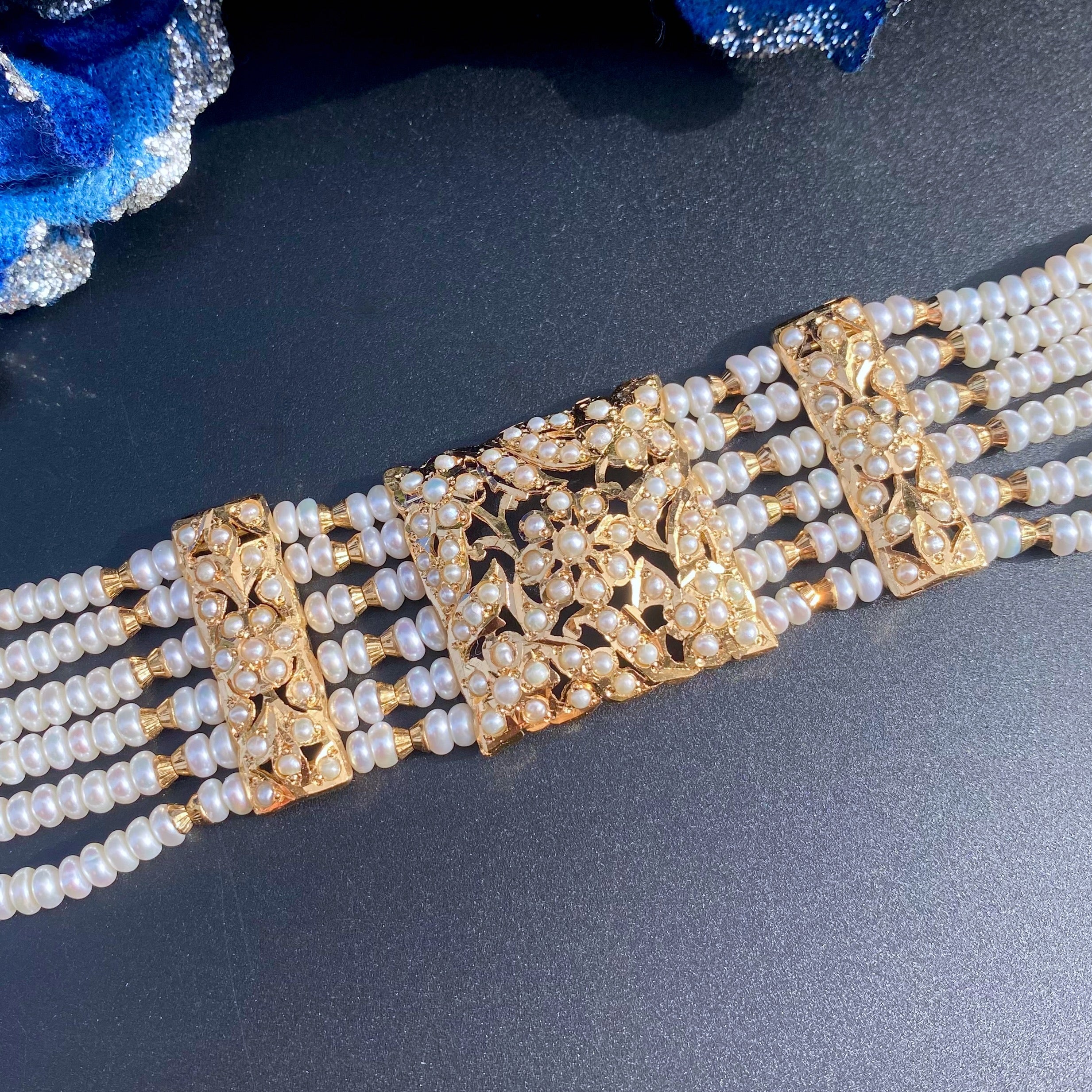 Traditional Hyderabadi Pearl Bracelet on 925 Silver with Gold Plating | Authentic Freshwater Pearls BG 138