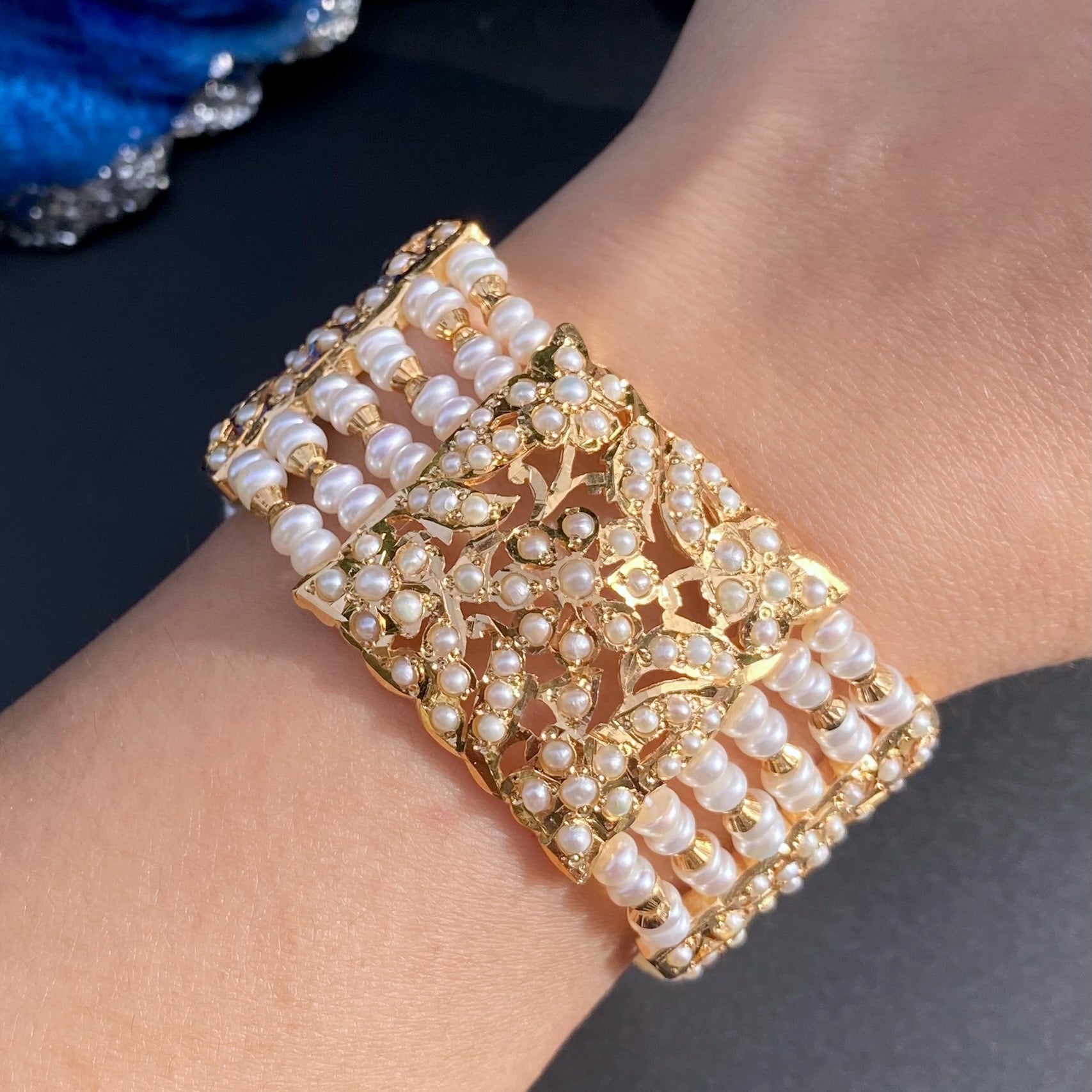 Traditional Hyderabadi Pearl Bracelet on 925 Silver with Gold Plating | Authentic Freshwater Pearls BG 138