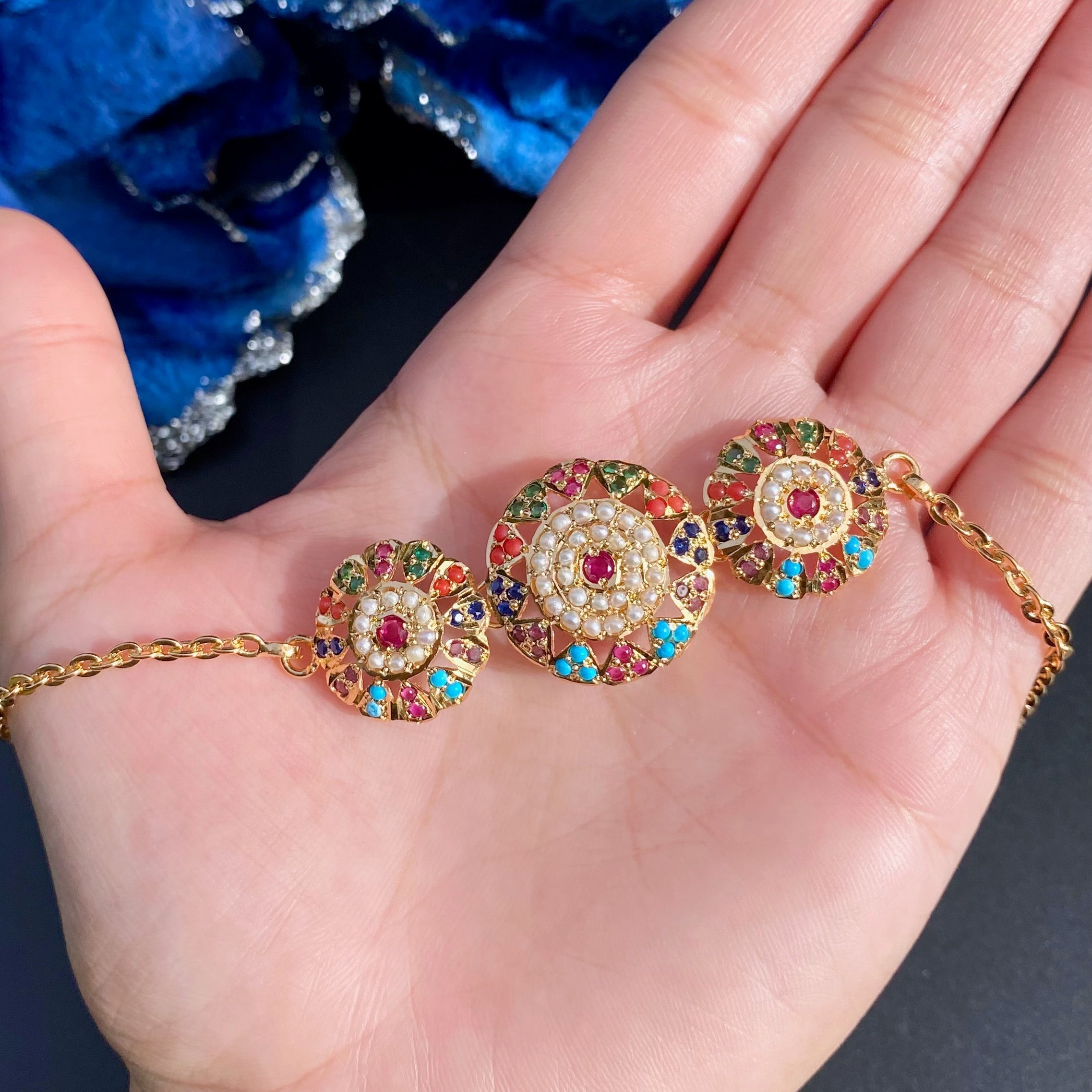 Navratna Bracelet for Women | Adjustable Length | Gold Plated on Silver Base BG 143