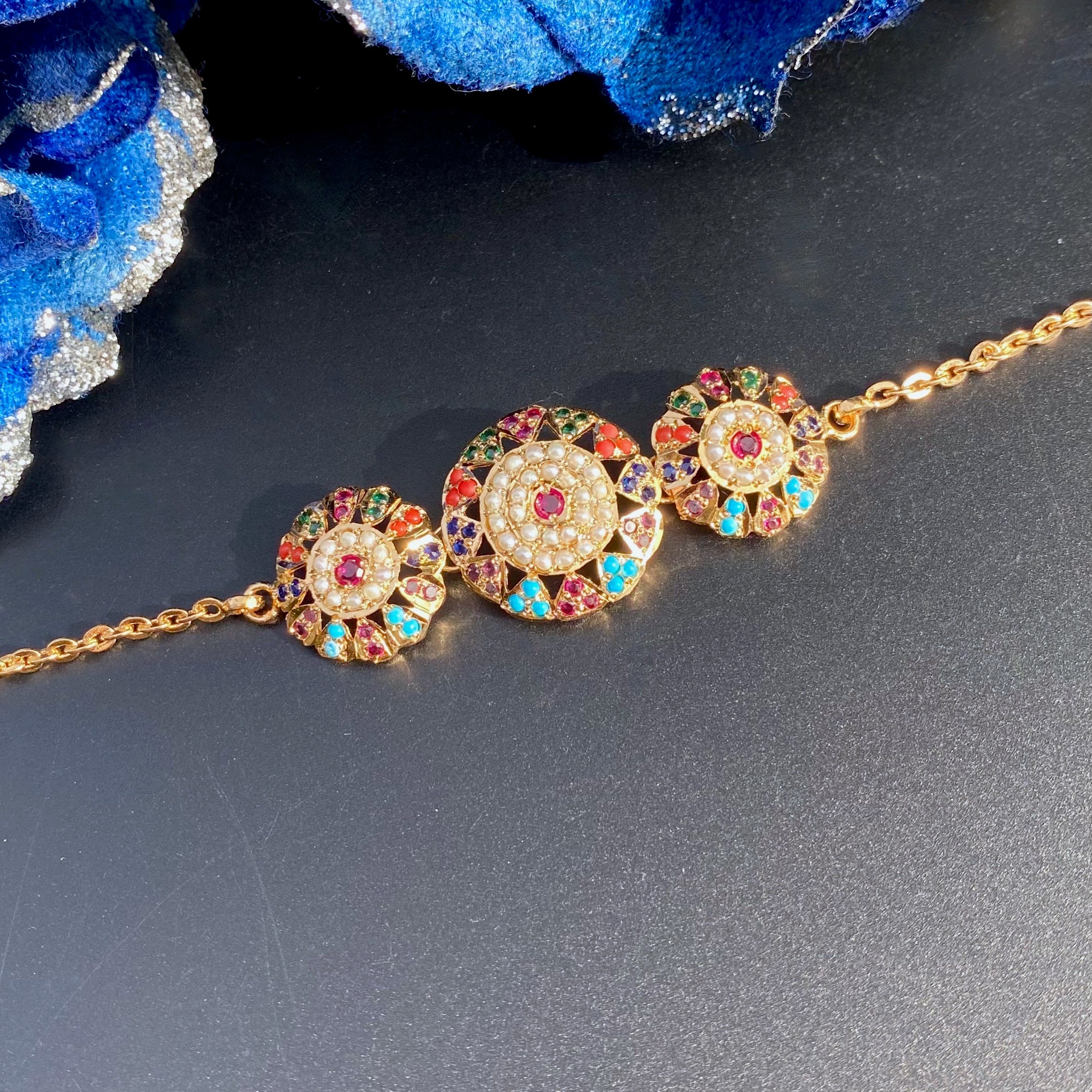 Navratna Bracelet for Women | Adjustable Length | Gold Plated on Silver Base BG 143