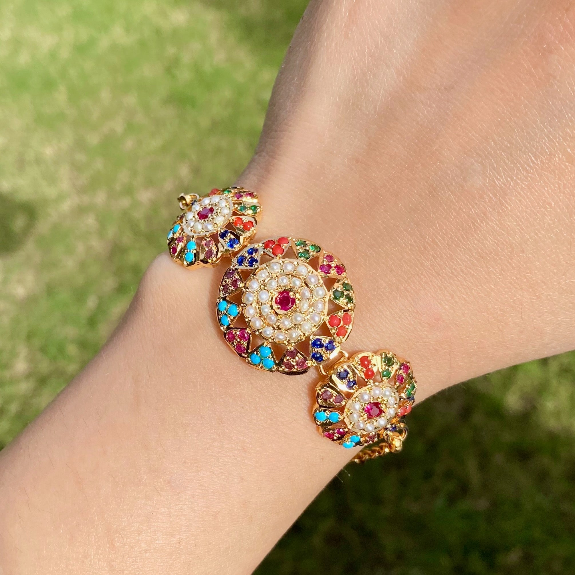 Navratna Bracelet for Women | Adjustable Length | Gold Plated on Silver Base BG 143