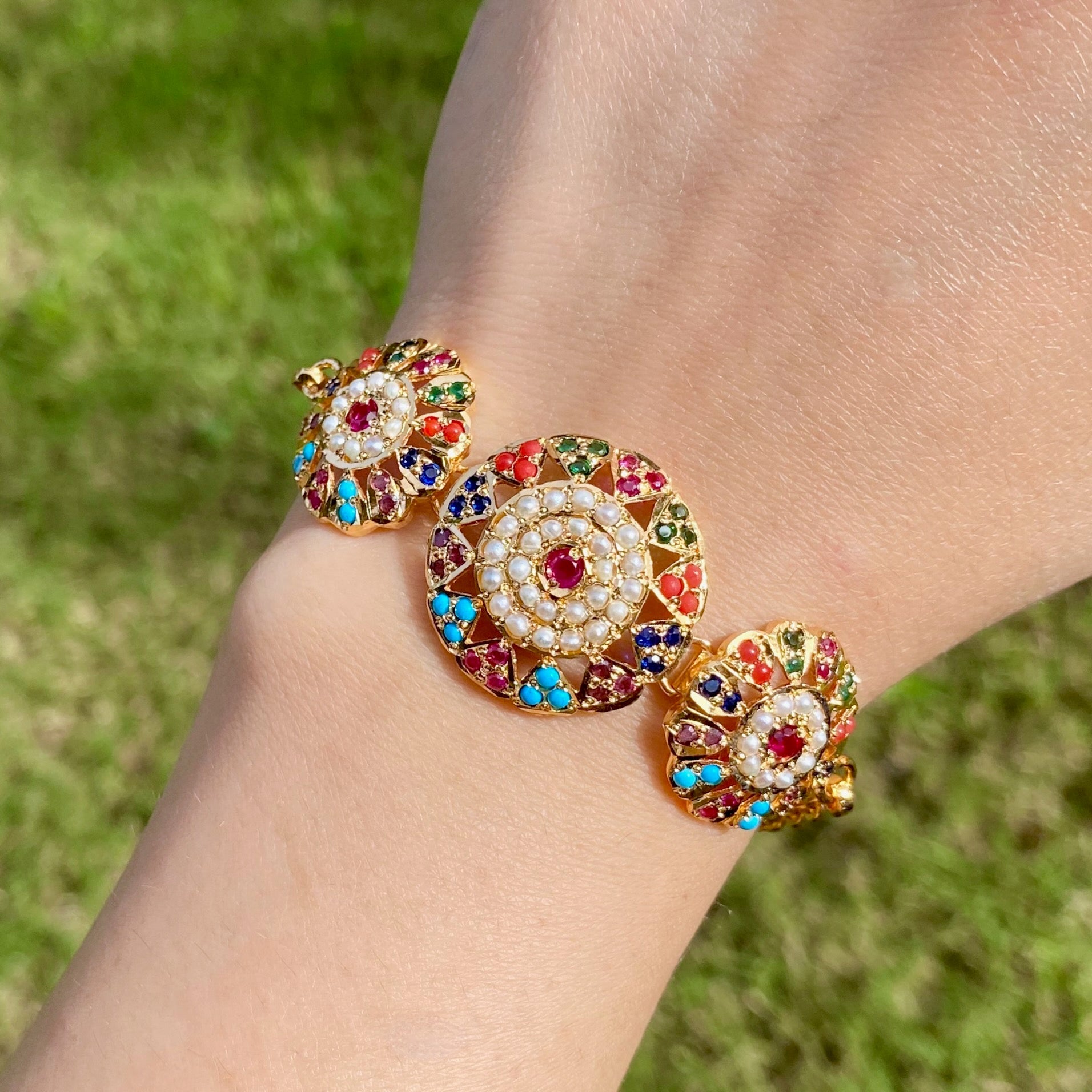 Navratna Bracelet for Women | Adjustable Length | Gold Plated on Silver Base BG 143