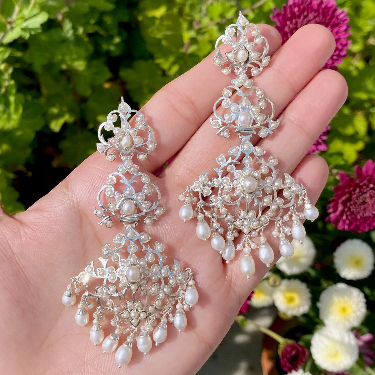 Edwardian Style Natural Pearl and Silver Dangle Earrings