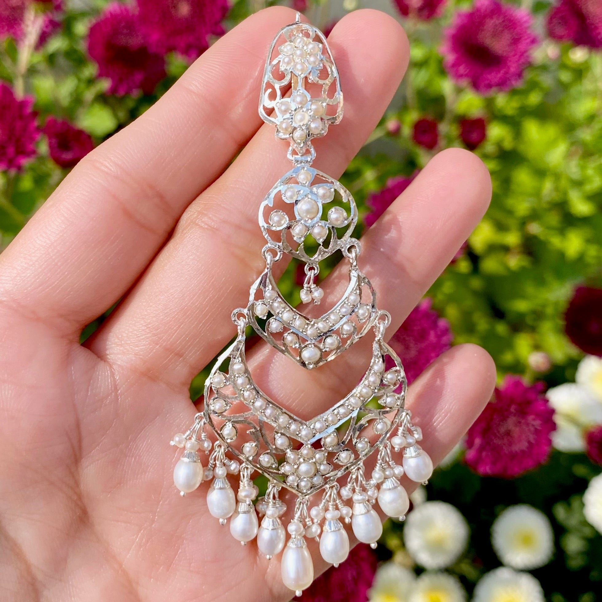 bohemian pearl chandelier earrings silver