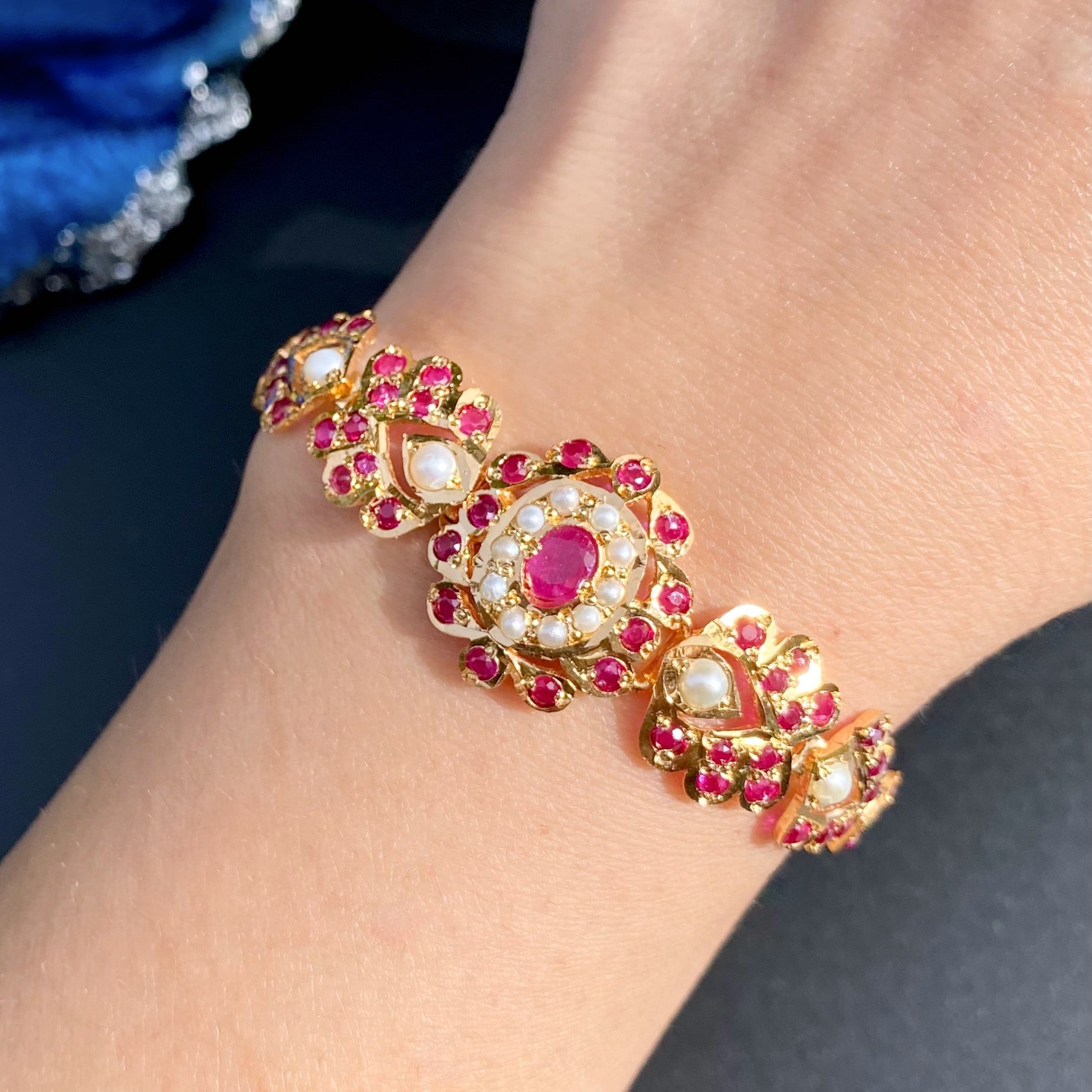 Jadau Bracelet in Red Stones & Pearls | Gold Plated on Silver BG 145