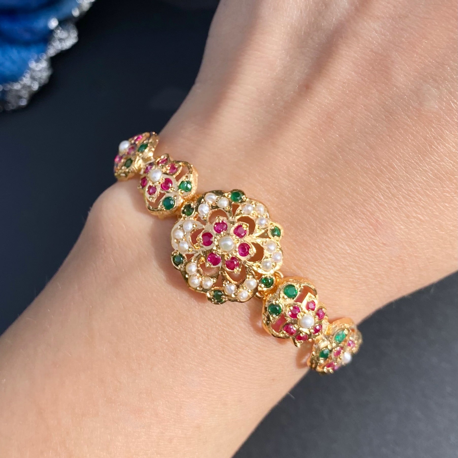 Jadau Bracelet in Red Green Stones & Pearls | Gold Plated on Silver BG 150