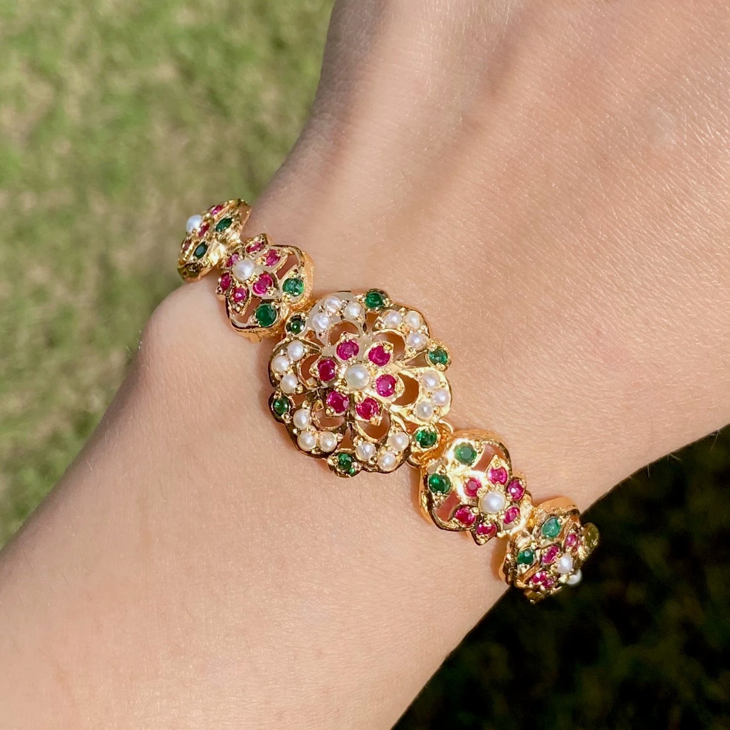 Jadau Bracelet in Red Green Stones & Pearls | Gold Plated on Silver BG 150