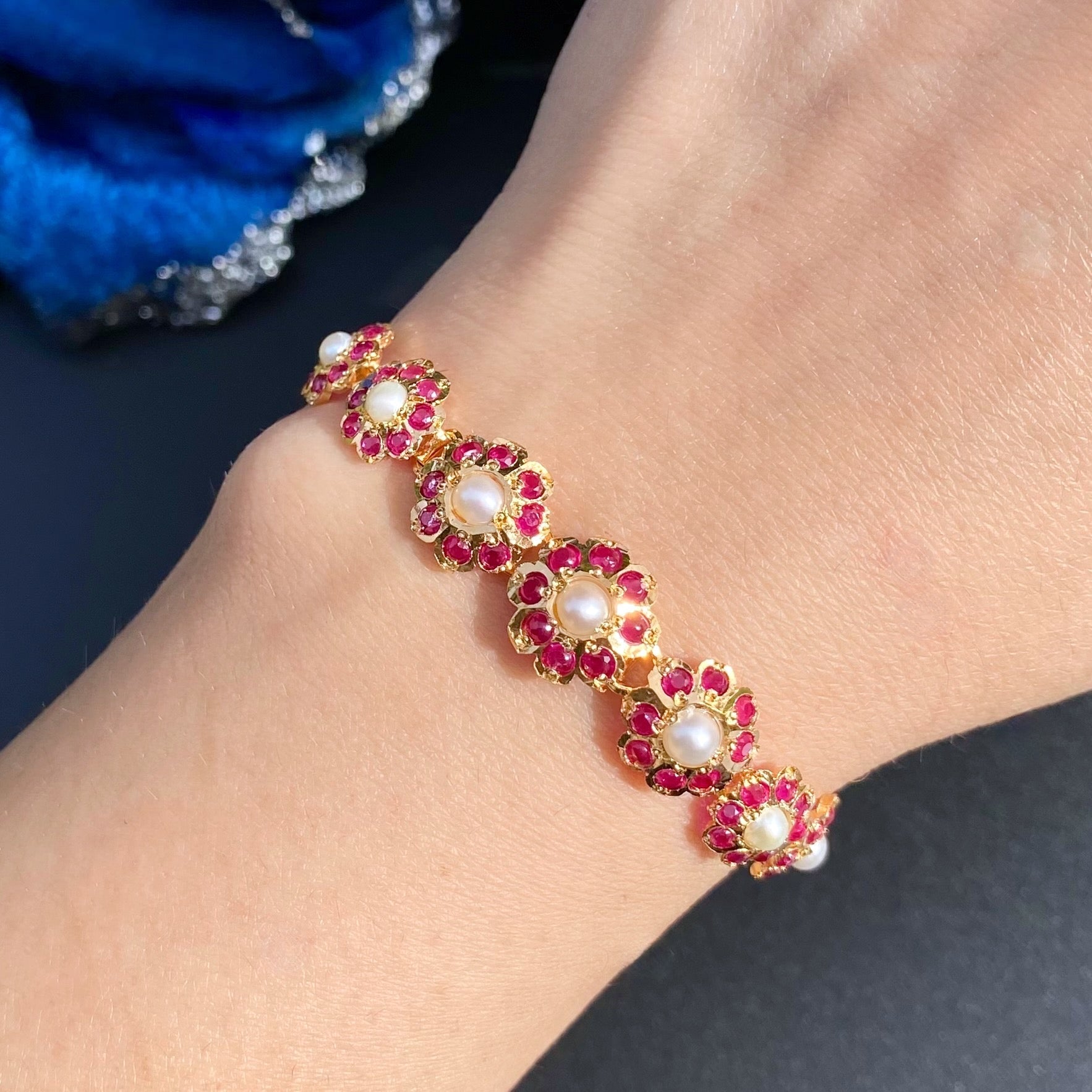 Dainty Ruby & Pearl Bracelet | Minimalist Floral Design BG 152