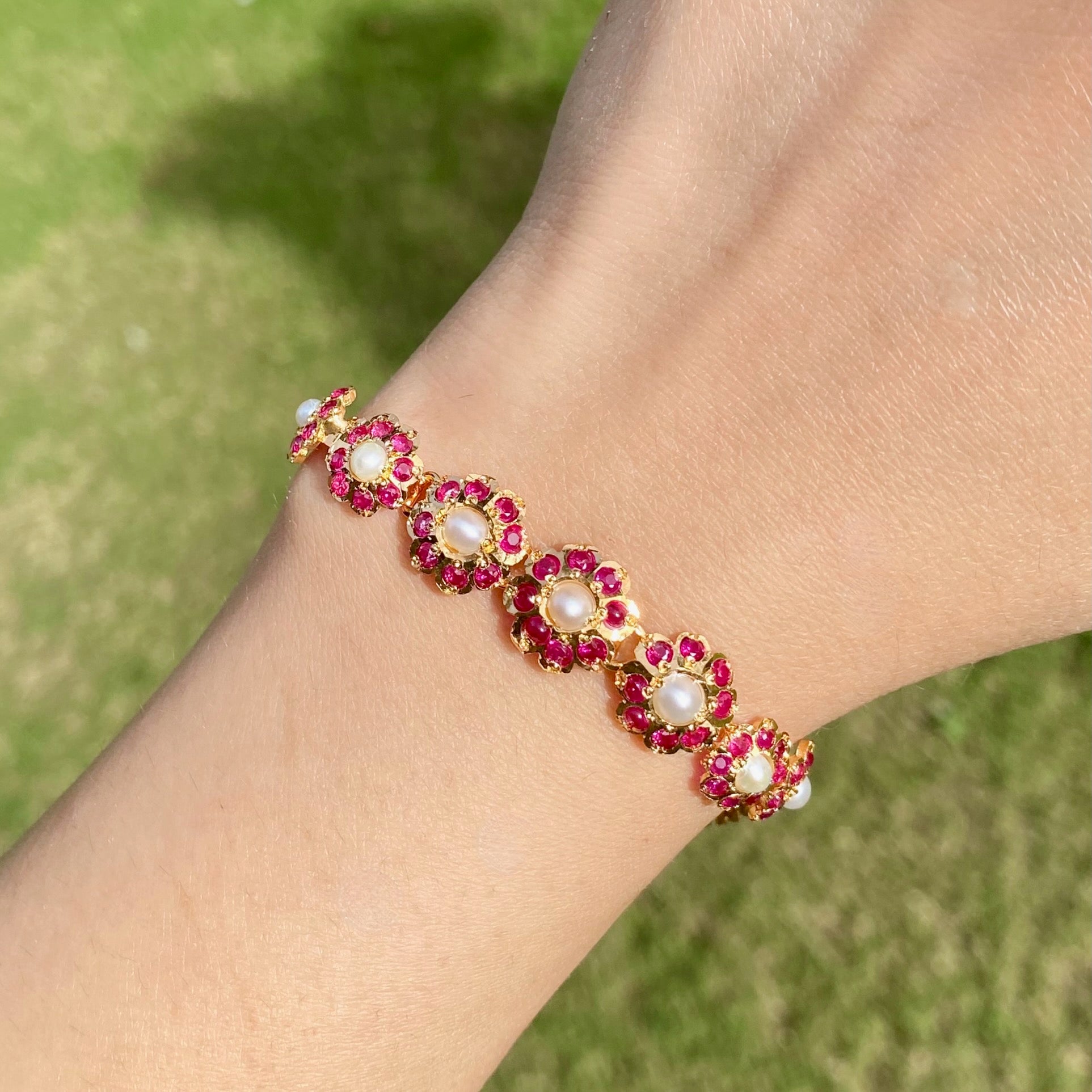 Dainty Ruby & Pearl Bracelet | Minimalist Floral Design BG 152