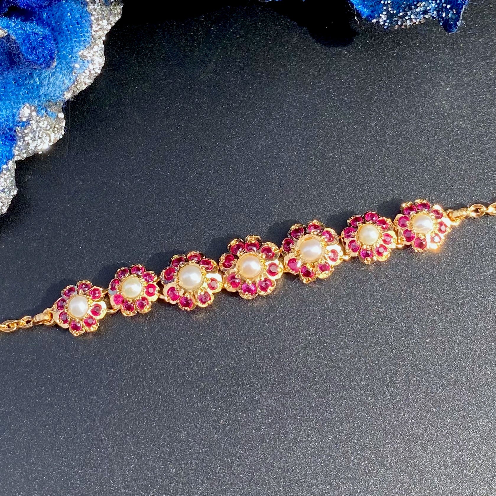 Dainty Ruby & Pearl Bracelet | Minimalist Floral Design BG 152