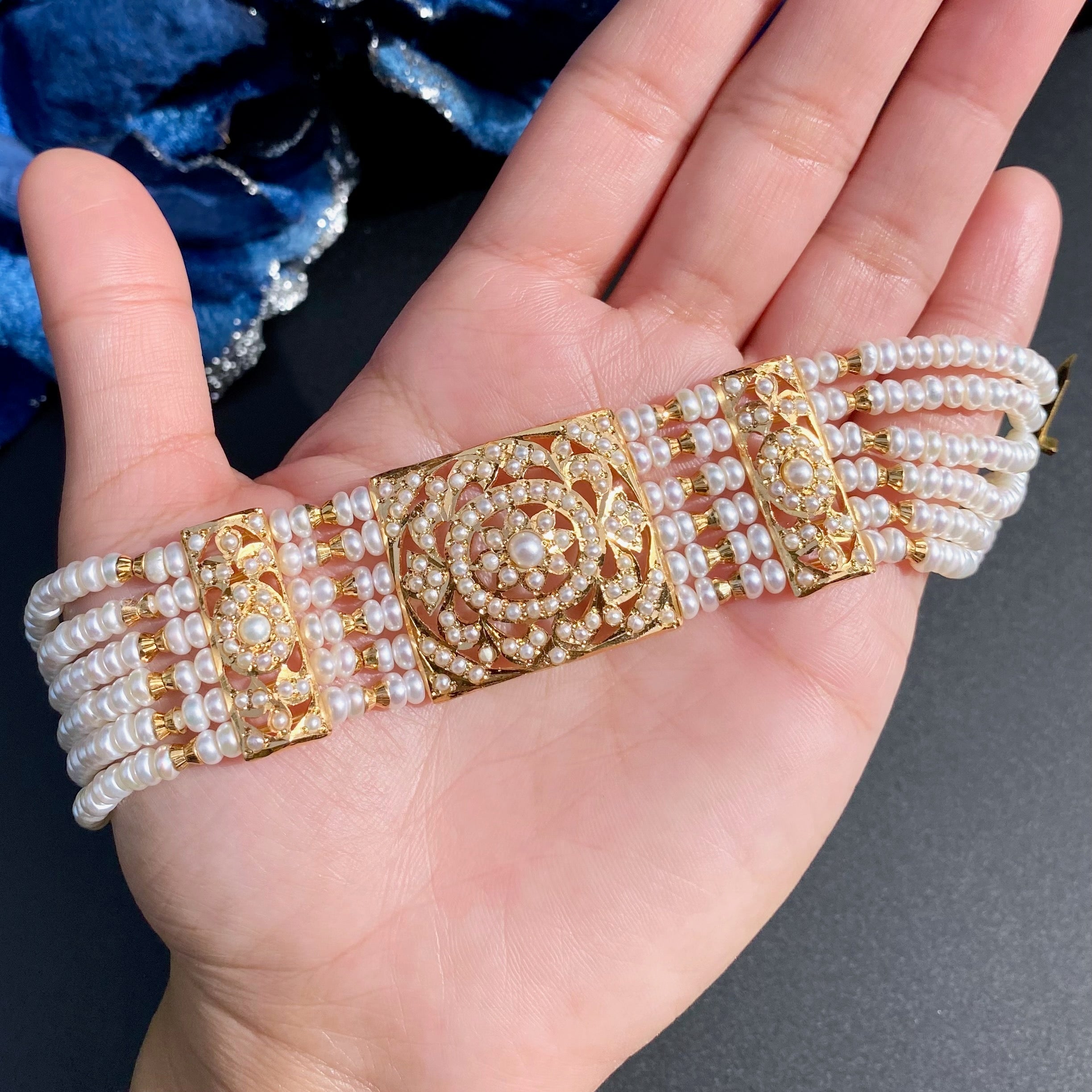 Traditional Pearl Dasti on 925 Silver with Gold Plating | Authentic Freshwater Pearls BG 136