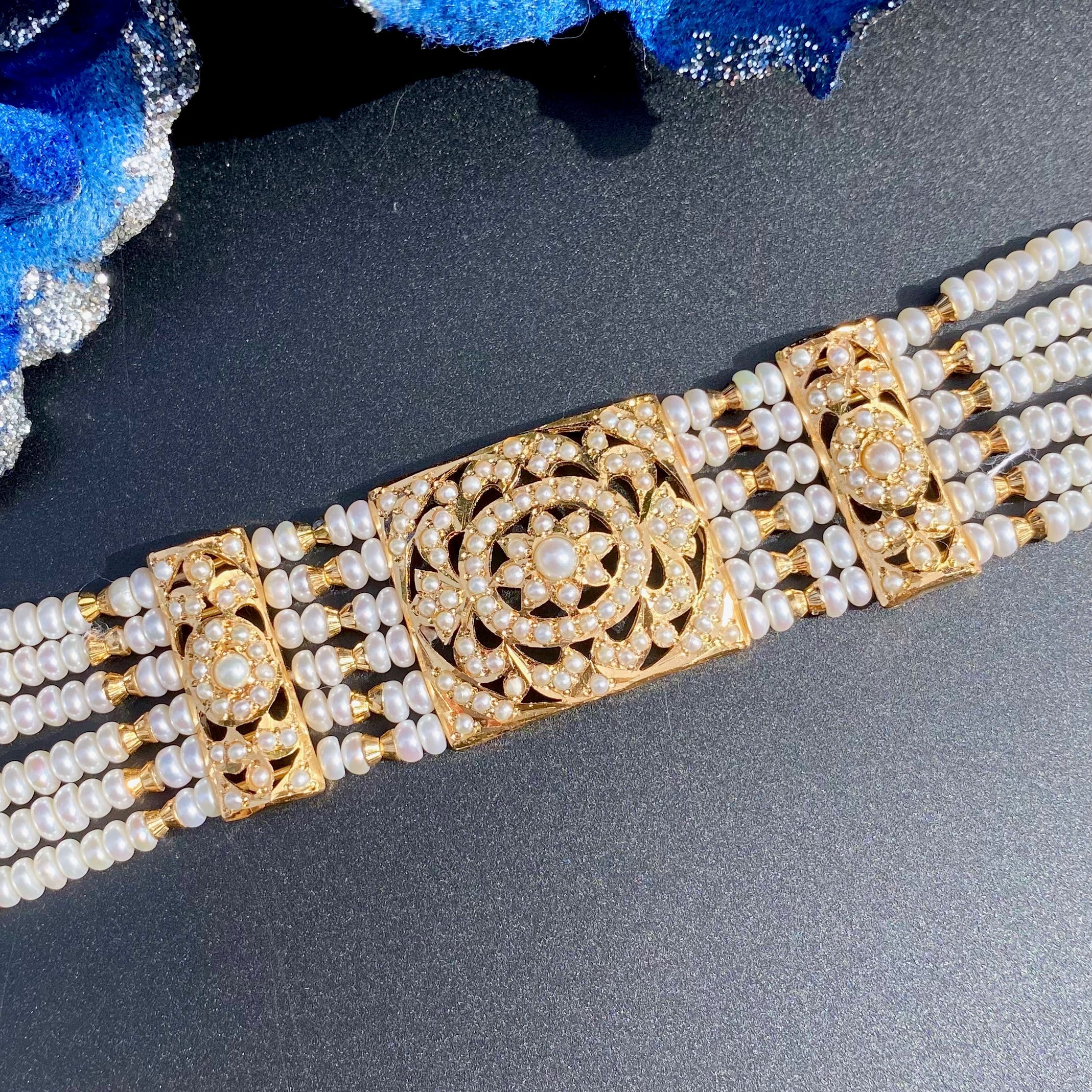 Traditional Pearl Dasti on 925 Silver with Gold Plating | Authentic Freshwater Pearls BG 136