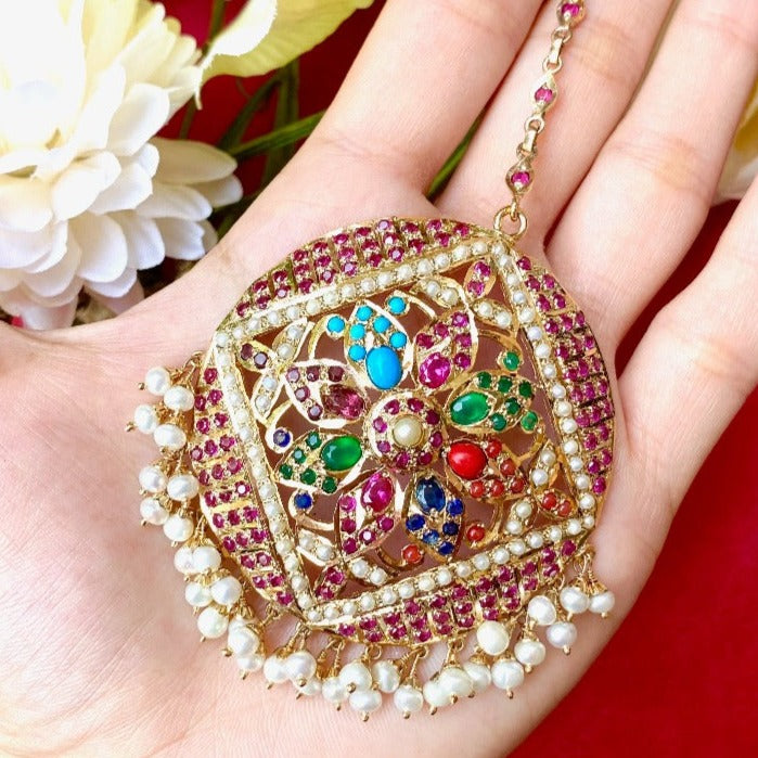 large bridal maang teeka in Navaratna colours