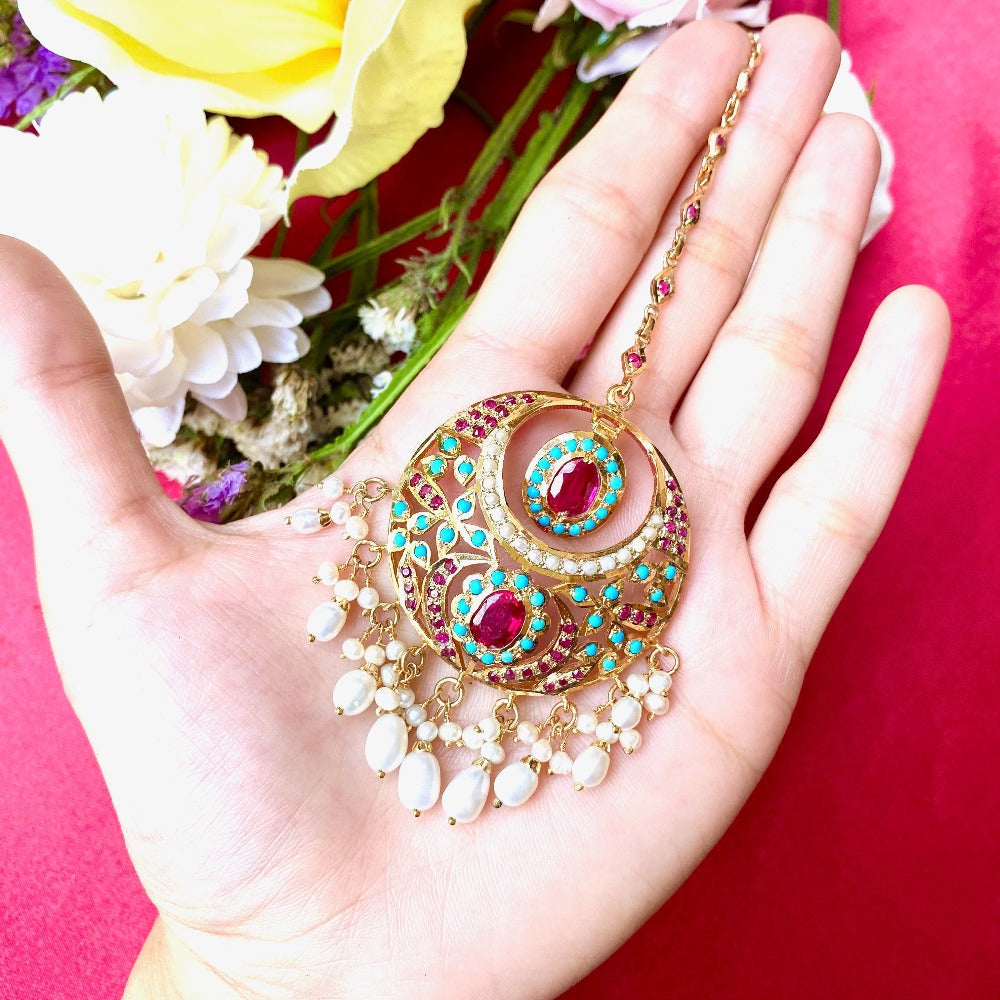 Chandbali Shaped Round ruby feroza Maang Tikka | Gold Plated Silver