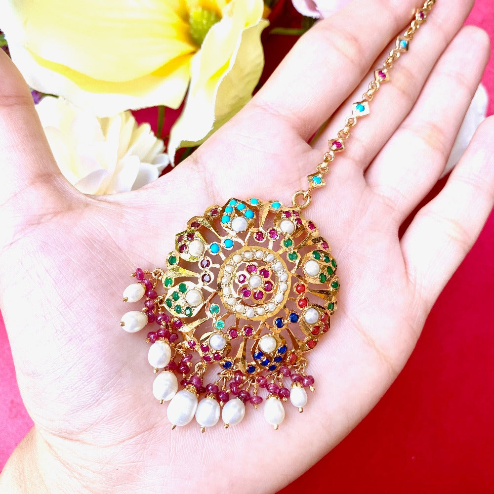 Round Jadau Maang Tikka | Navaratna Colors | Gold Plated in 925 Silver