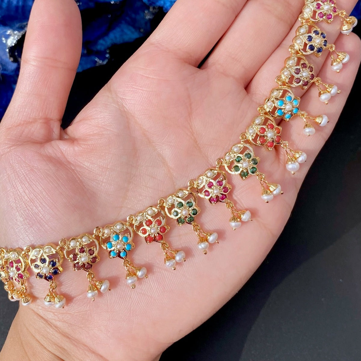 Navaratna jewelry on gold plated sterling silver