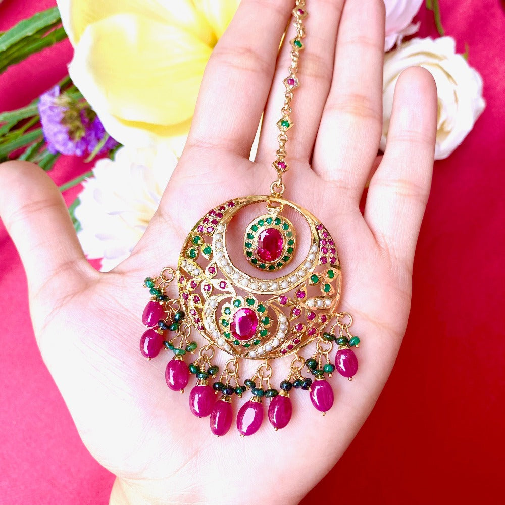 Round Chandbali Shaped Tikka | Multicolored Jadau  Maang Teeka | Gold Plated Silver